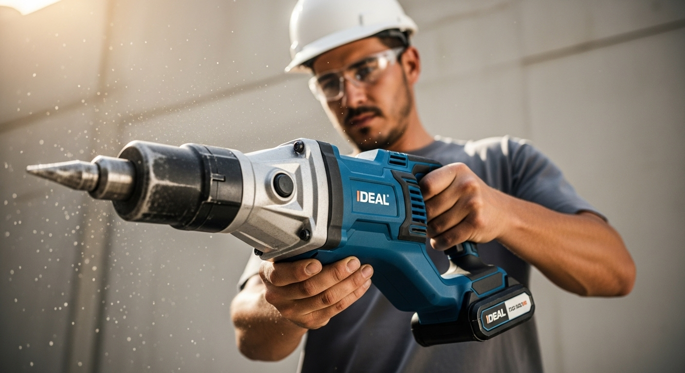 Ideal's professional cordless demolition hammer, blue and black, being operated by a worker with a hard hat and safety glasses.