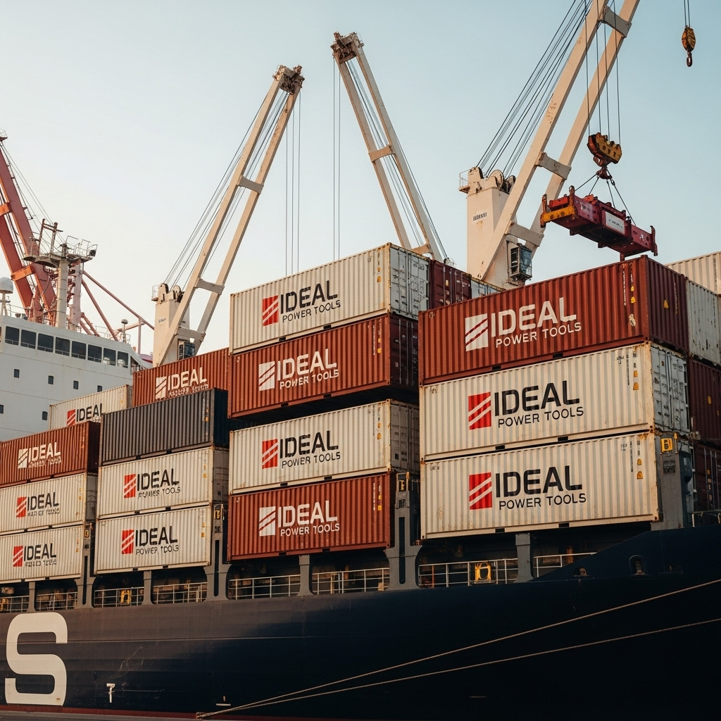 Shipping containers with the Ideal Power Tools logo being loaded onto a cargo ship, representing their global manufacturing and distribution network.