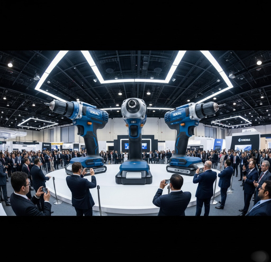 An impressive display of giant Ideal Power Tools cordless drills at a business exhibition hall.