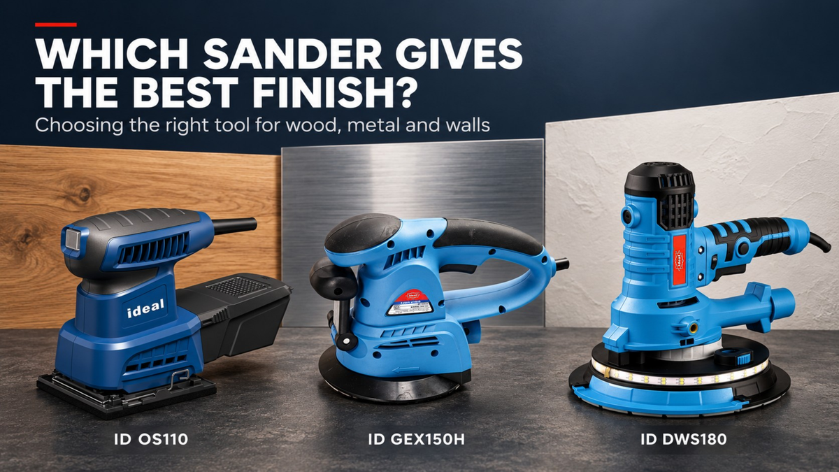 Ideal ID OS110, ID GEX150H and ID DWS180 sanders displayed with wood, metal and wall textures.