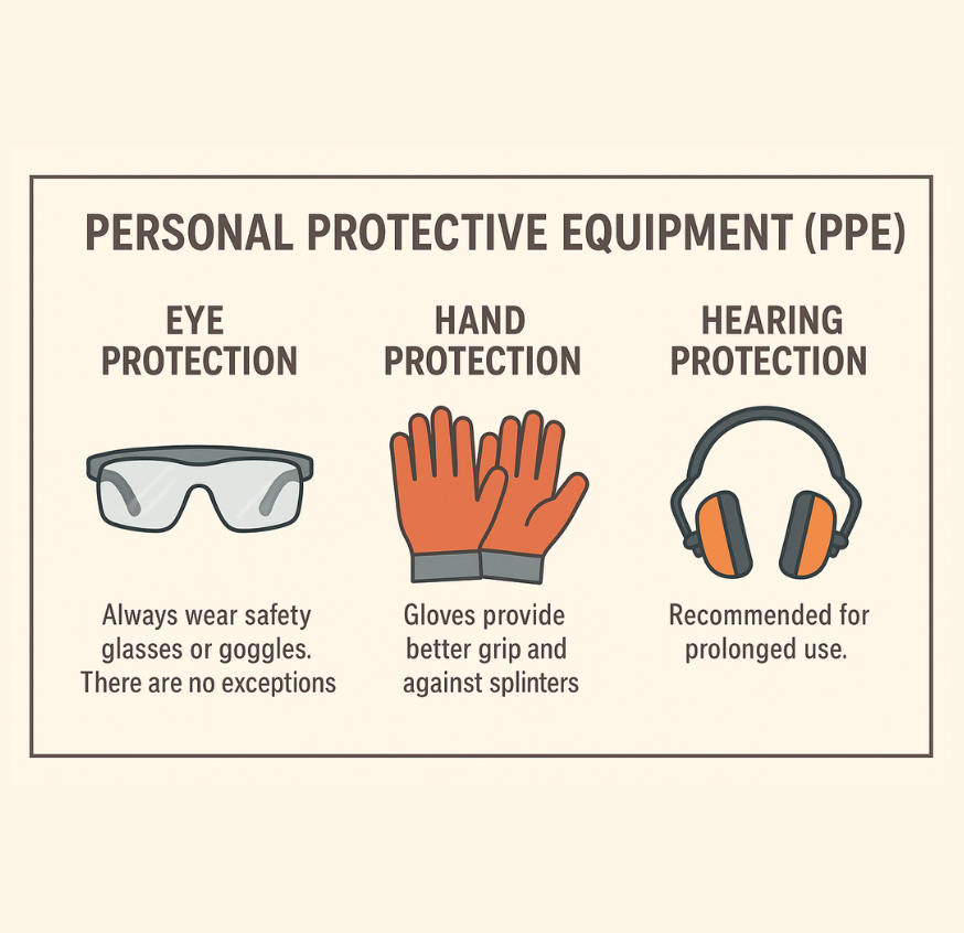 Infographic showing three types of Personal Protective Equipment (PPE) for tool use: safety glasses for eye protection, gloves for hand protection, and earmuffs for hearing protection, each with a short safety description.