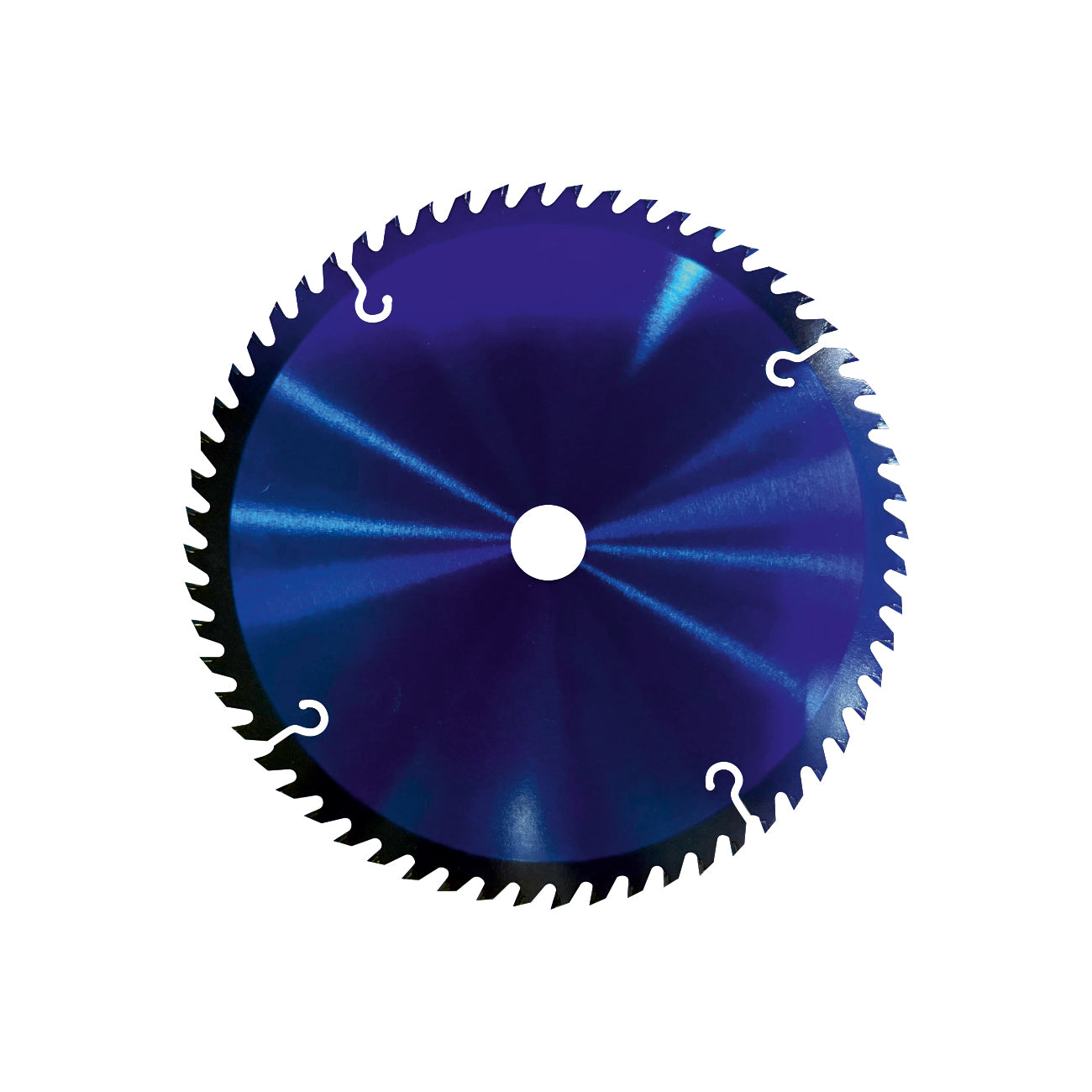 Mitre saw blade of 10 inch by 60 tooth with blue metallic finish on a white background