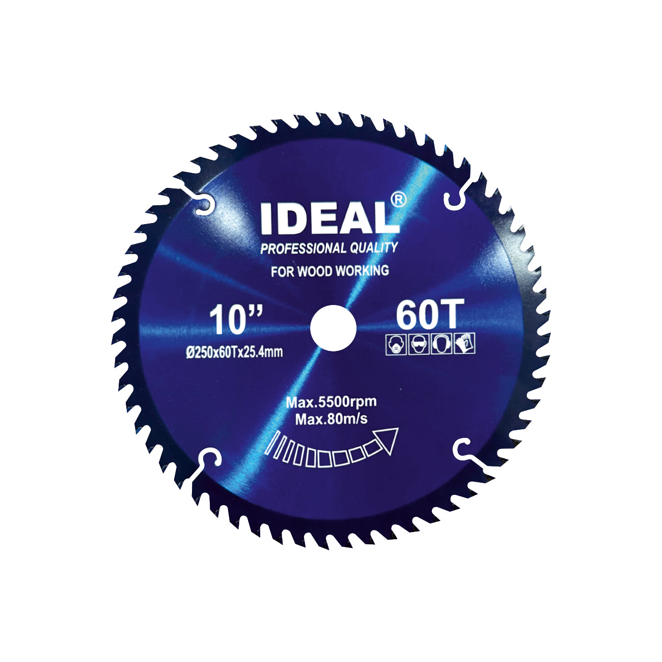 Mitre saw blade of 10 inch by 60 tooth with 'Ideal' branding on a white background