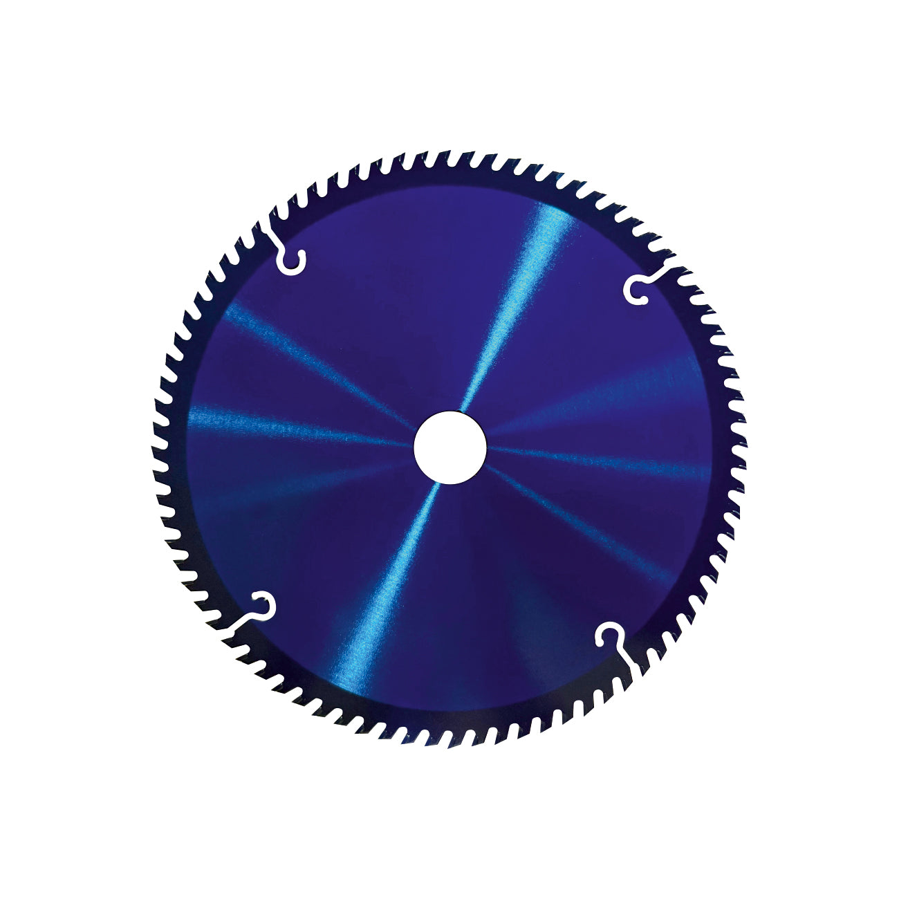 Mitre saw blade with blue metallic finish on a white background