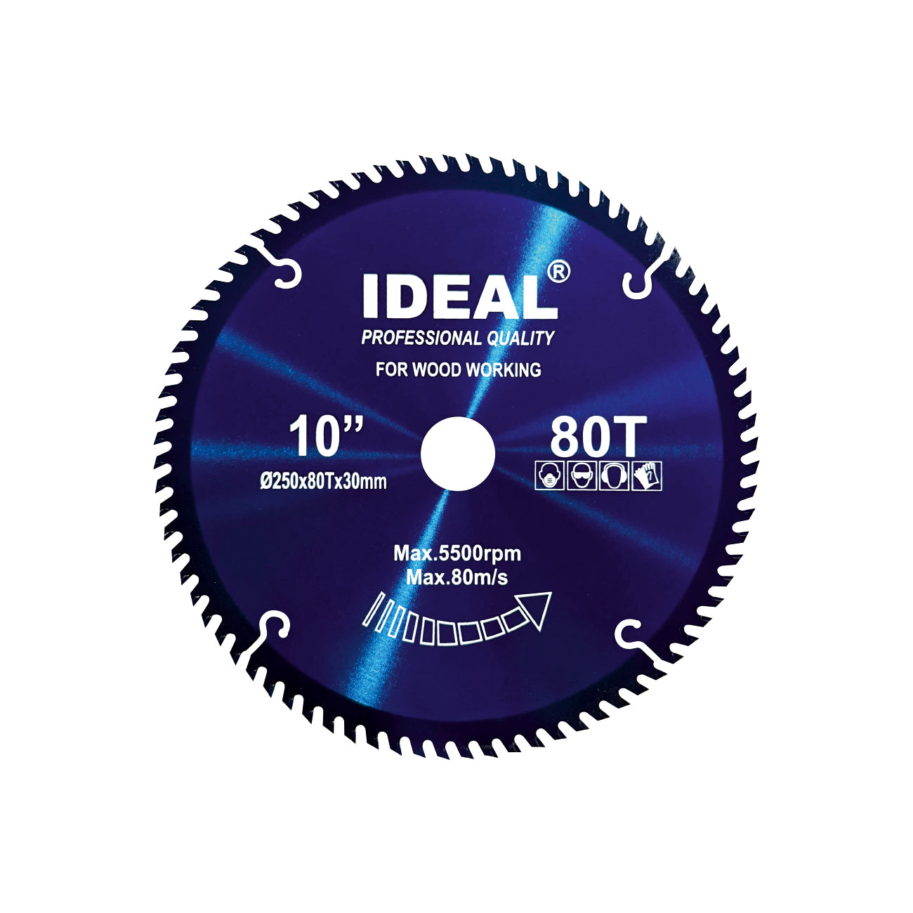 Mitre saw blade of 10 inch by 80 tooth with IDEAL branding on a white background