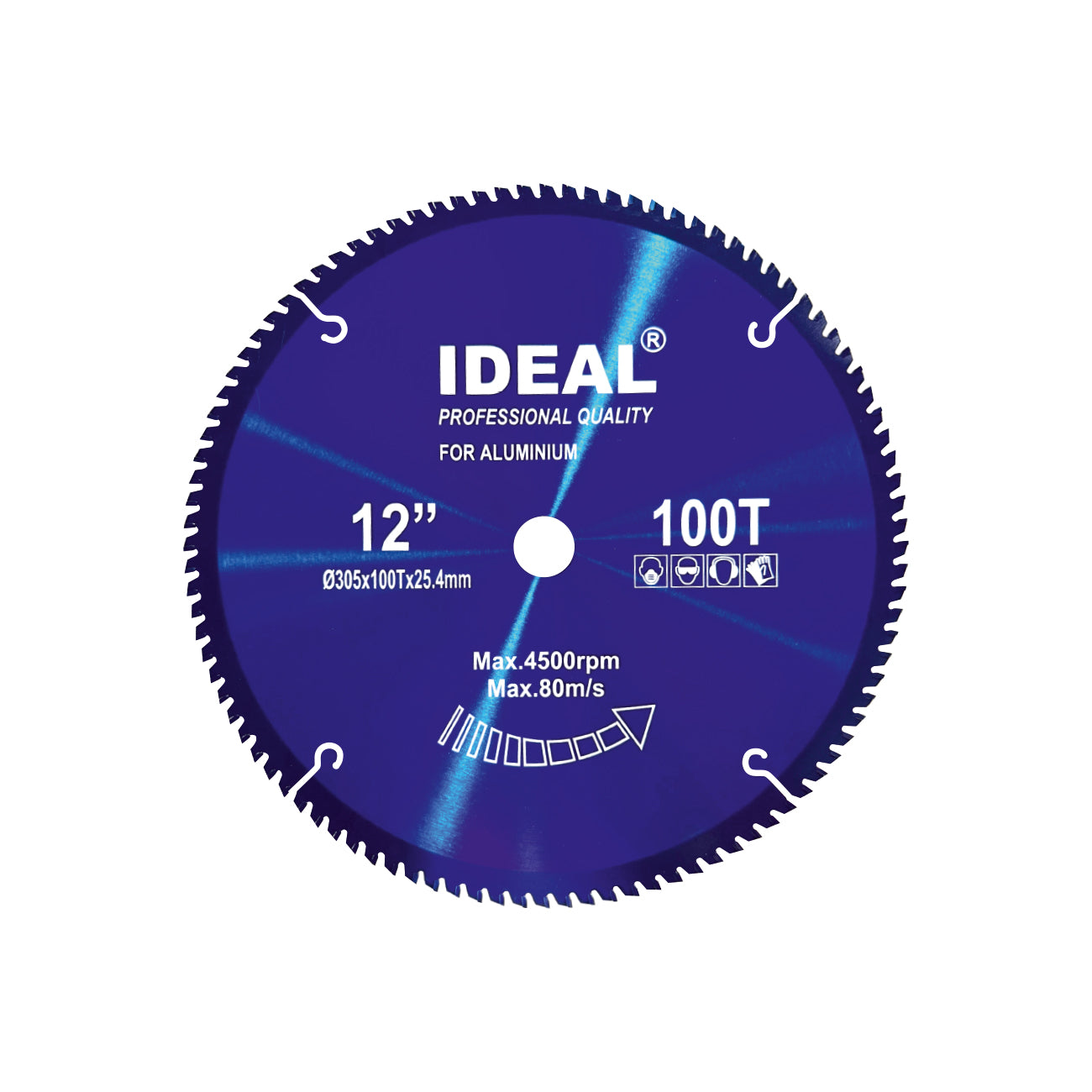 Blue color mitre saw blade with IDEAL branding on a white background