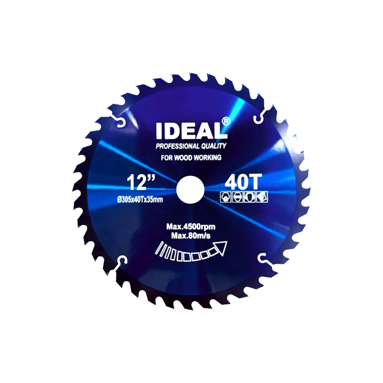 Mitre saw blade of 12 inch by 40 tooth with 'Ideal' branding on a white background