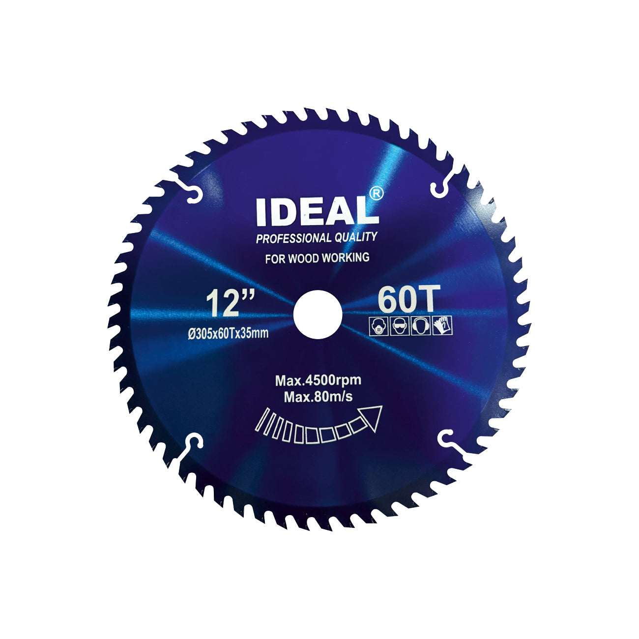 Mitre saw blade of 12 inch by 60 tooth with 'Ideal' branding on a white background