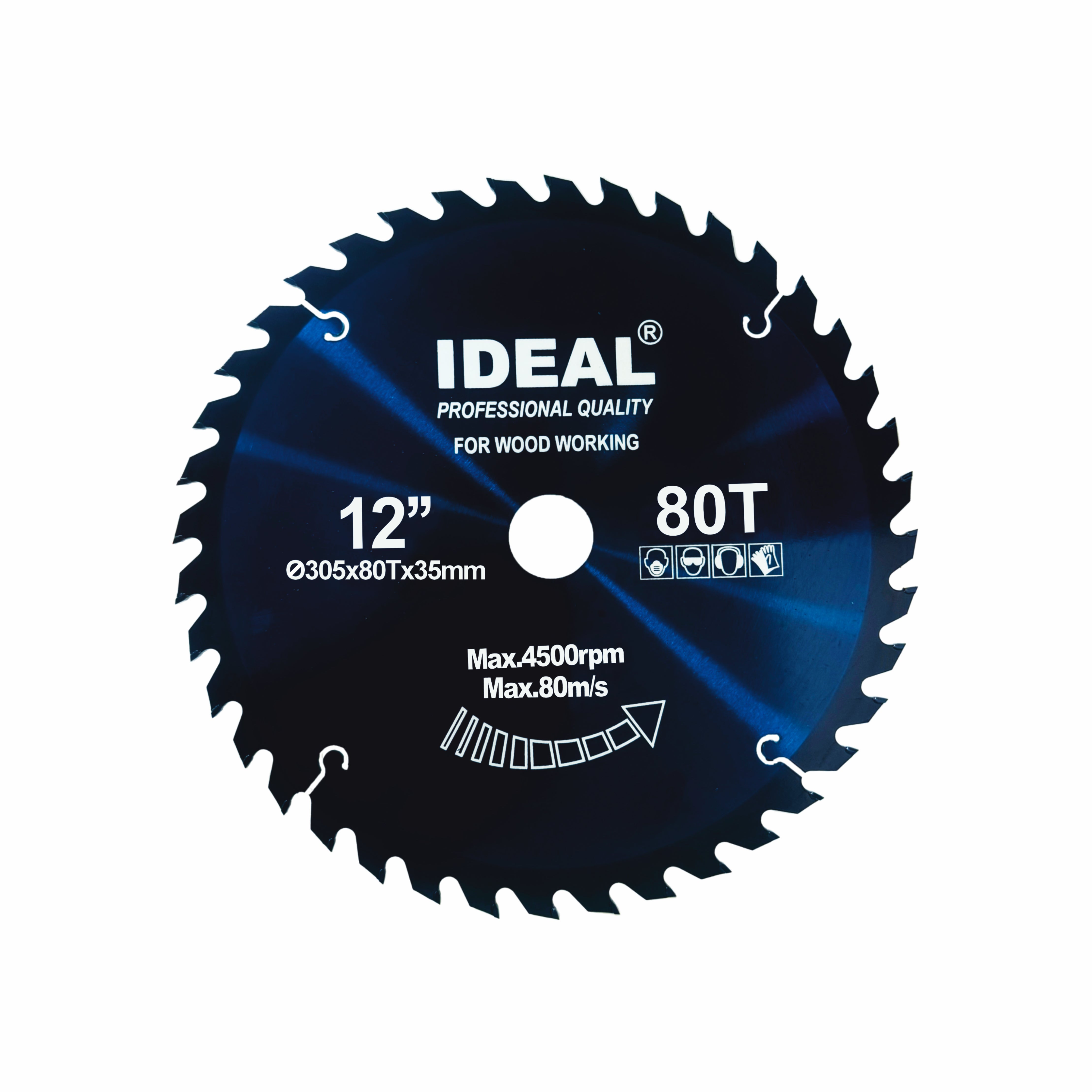 A 12 inch by 80 tooth TCT (Tungsten Carbide Tipped) mitre saw blade for wood, with a 35mm bore, primarily blue with white text.