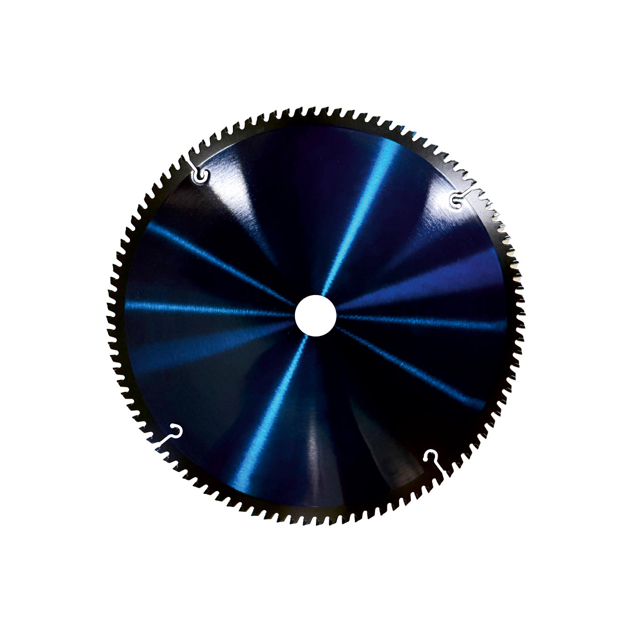 Mitre saw blade with blue metallic finish on a white background