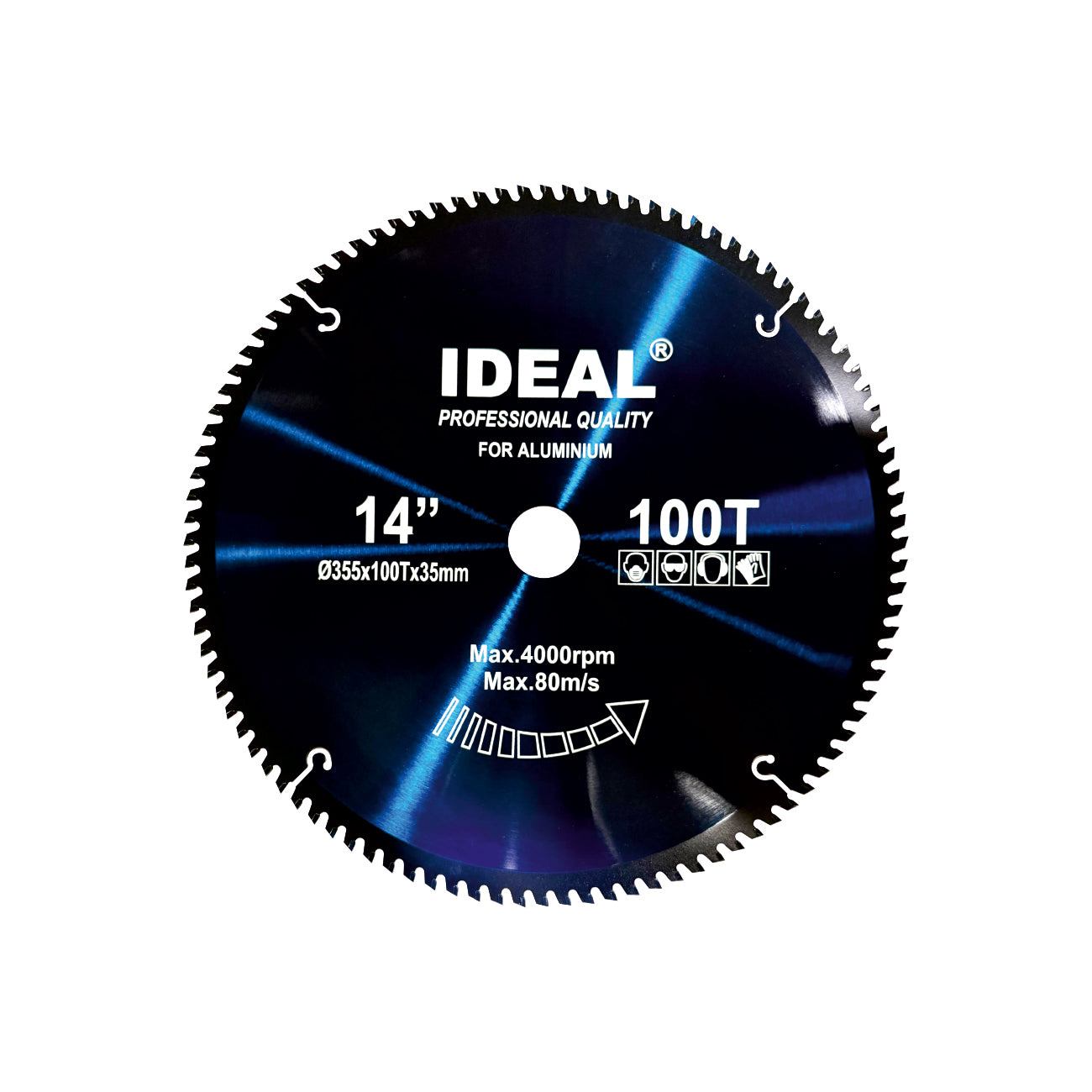 Mitre saw blade of 14" and 100 tooth with 'Ideal' branding on a white background