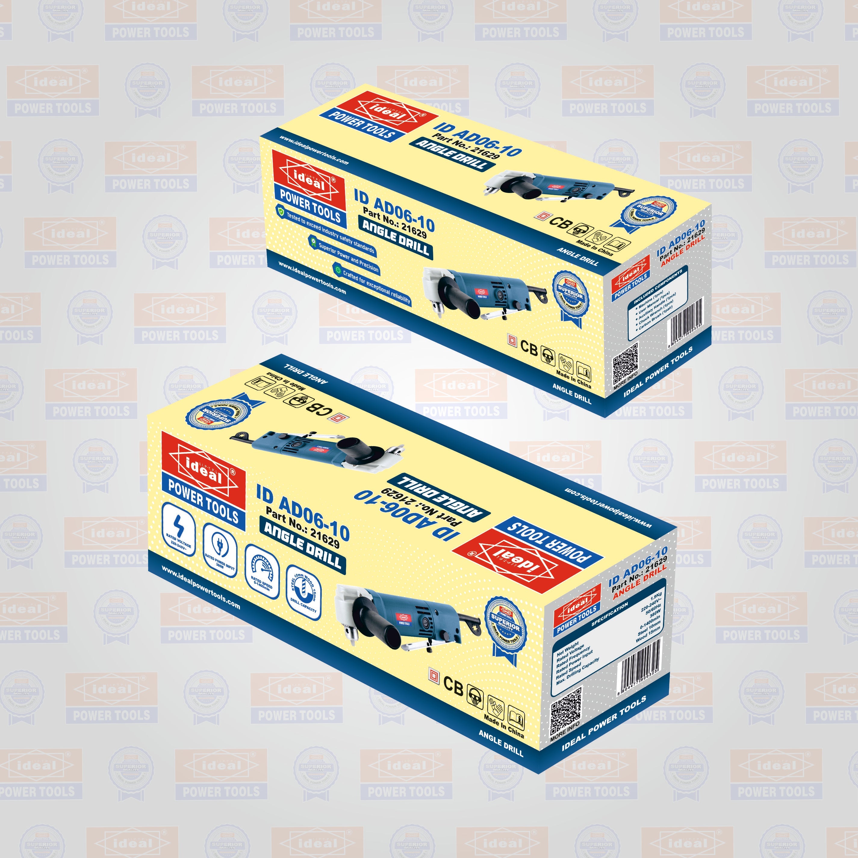 Two boxes of angle dill machine ID AD06-10 with branded background