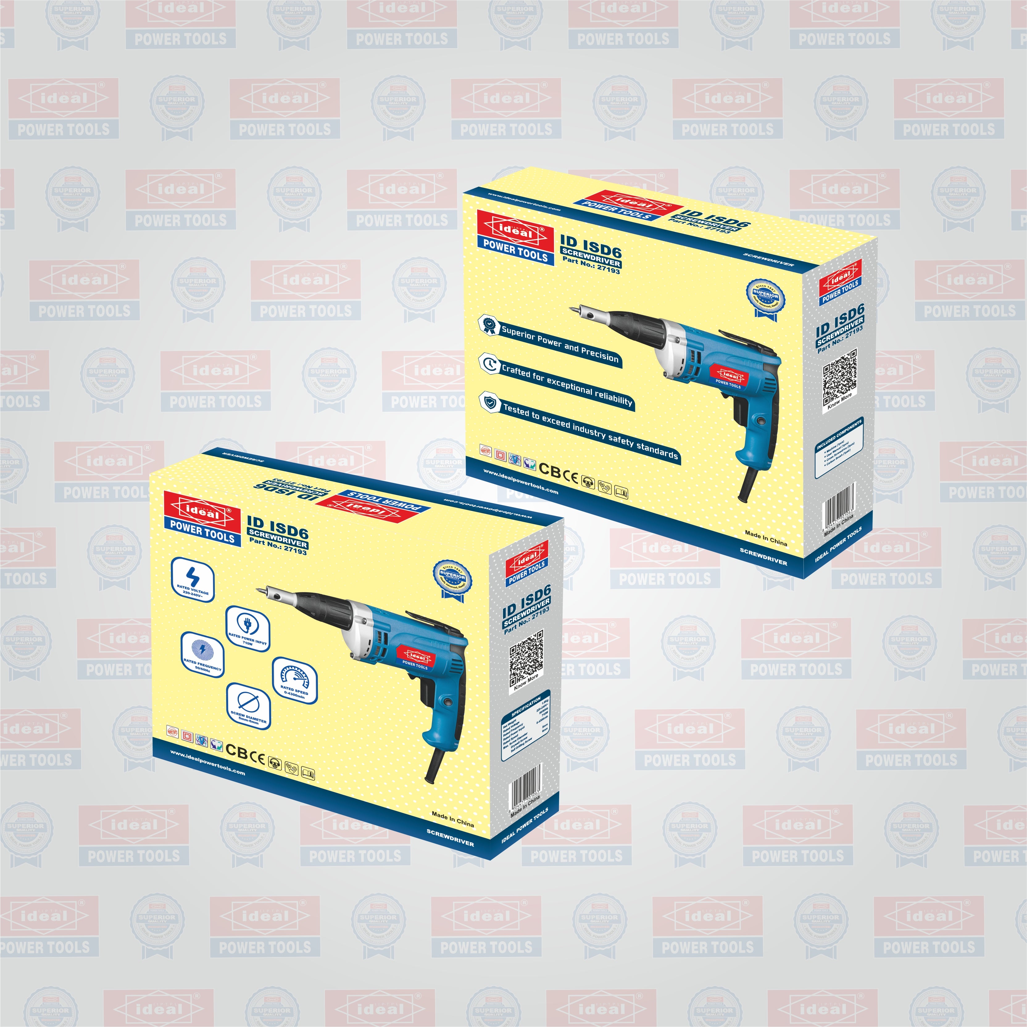Two boxes of ID ISD6 impact screw driver on a branded background