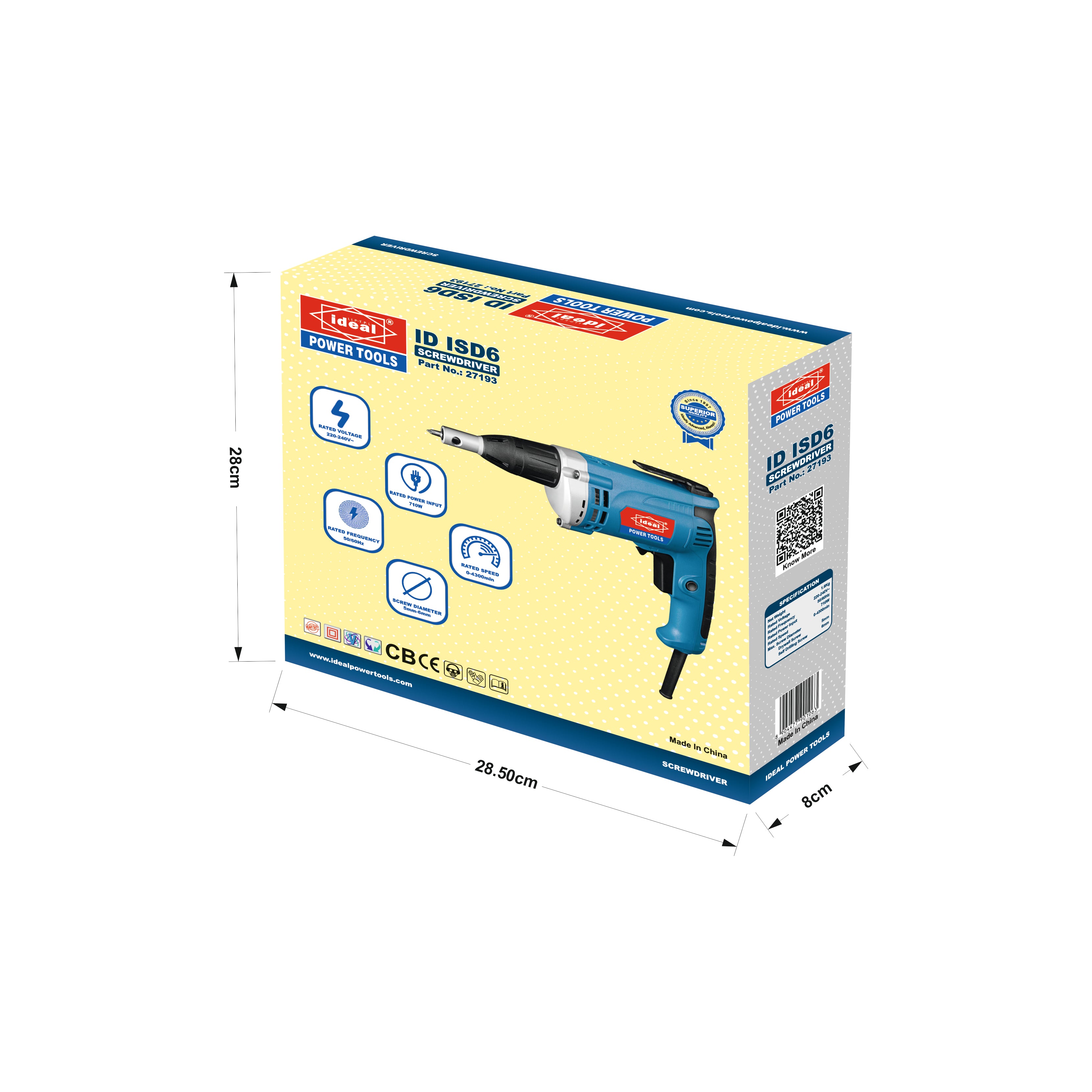 Box of ID ISD6 impact screw driver with dimensions indicated on a white background
