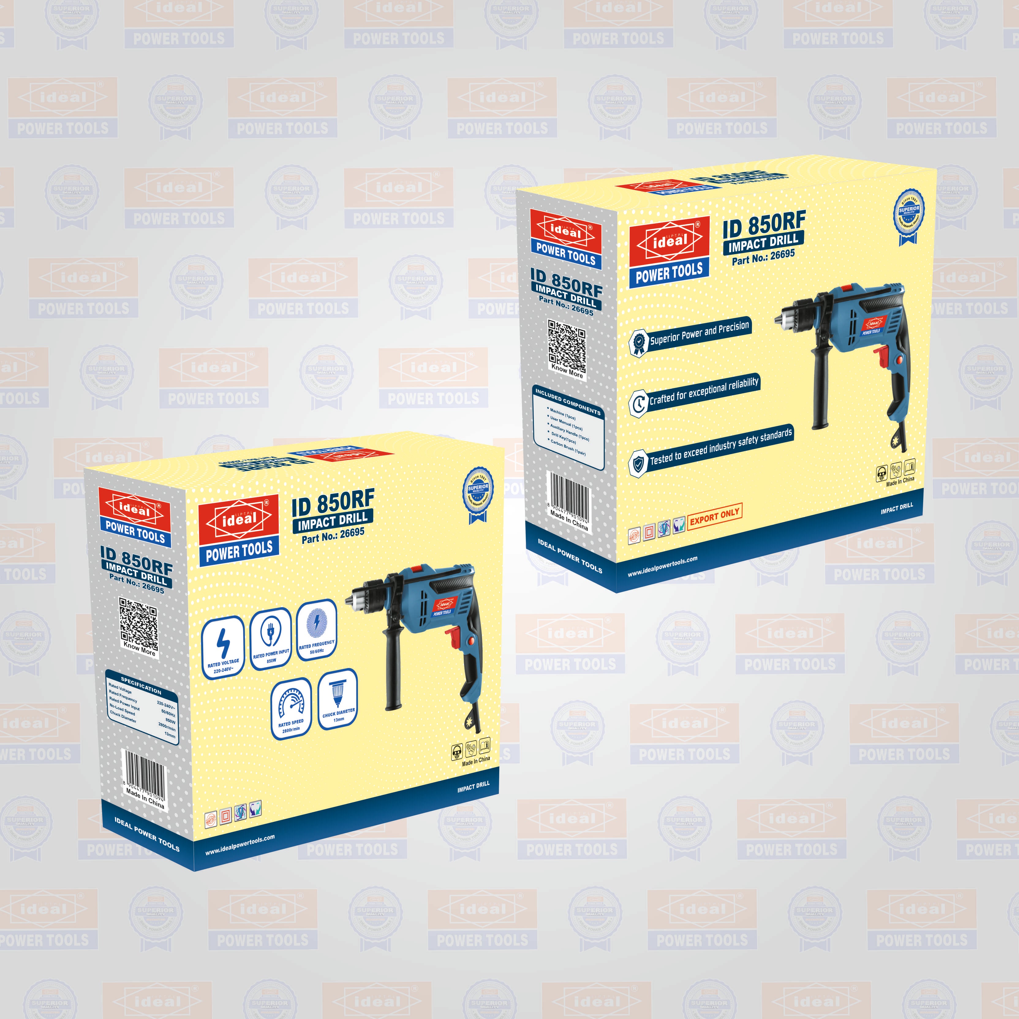 Two boxes of a power drill ID 850RF on a patterned background