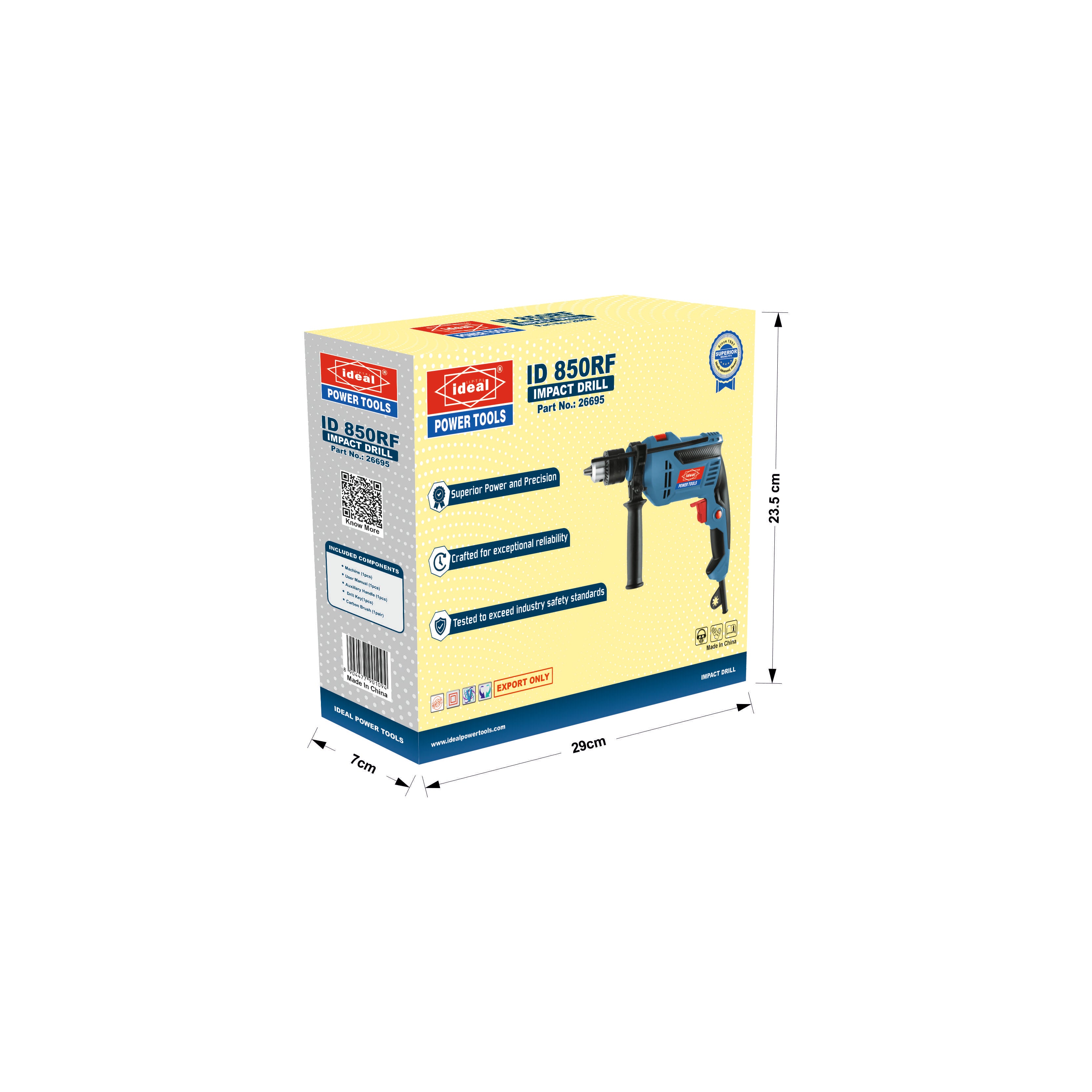 Box of a power drill ID 850RF with yellow lid and blue body.