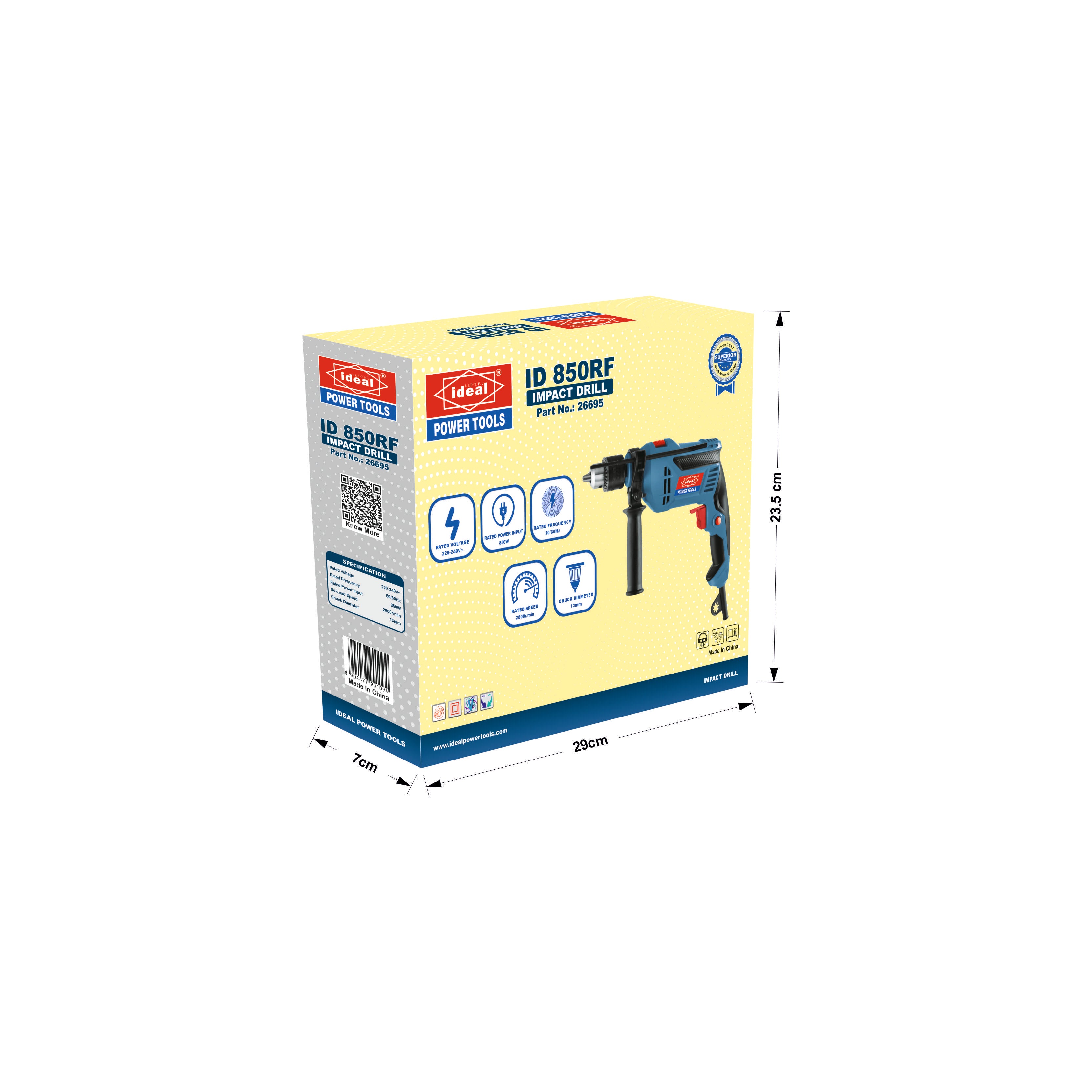 Box of a power drill ID 850RF with yellow and blue design