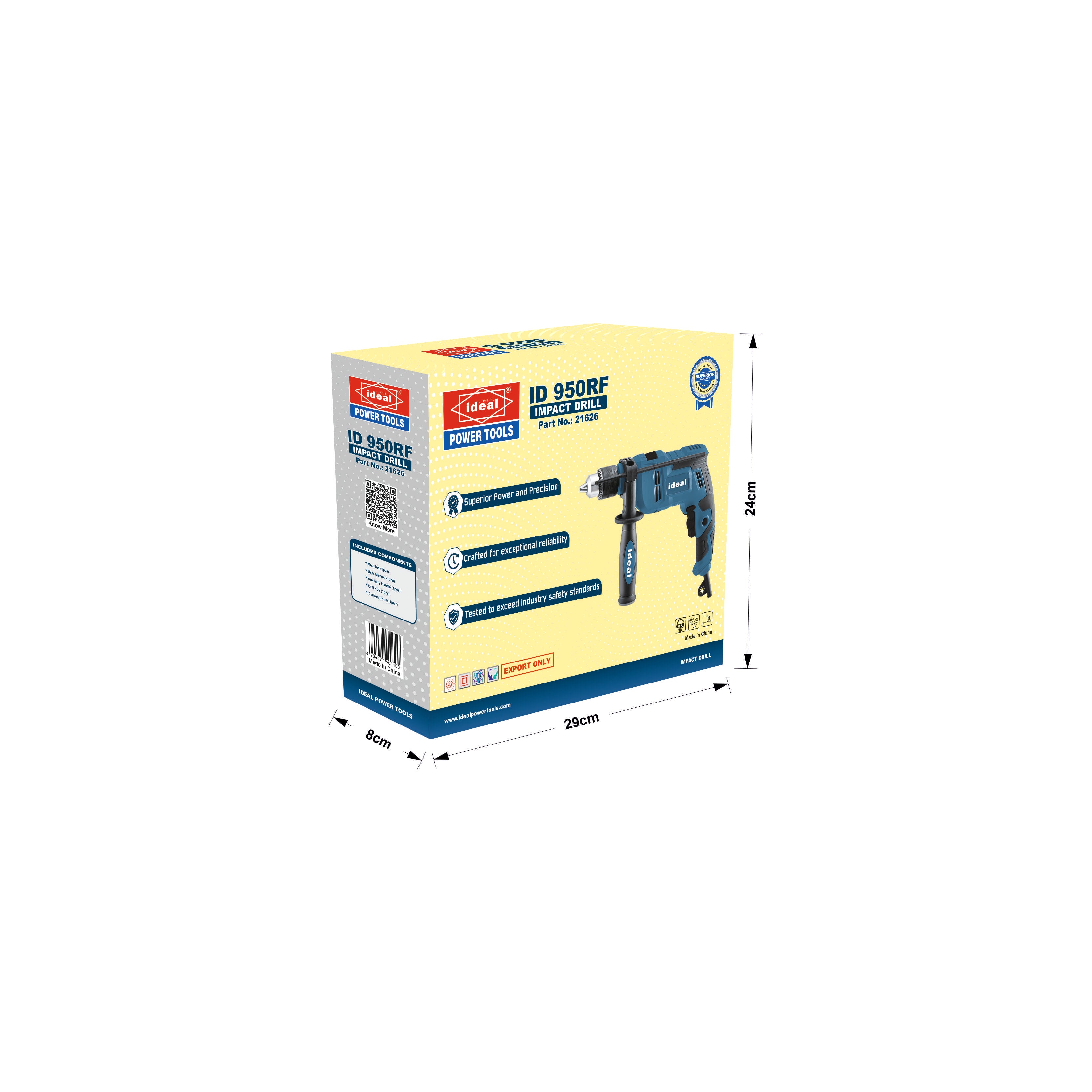 Box of a power drill ID 950RF with yellow lid and blue body.