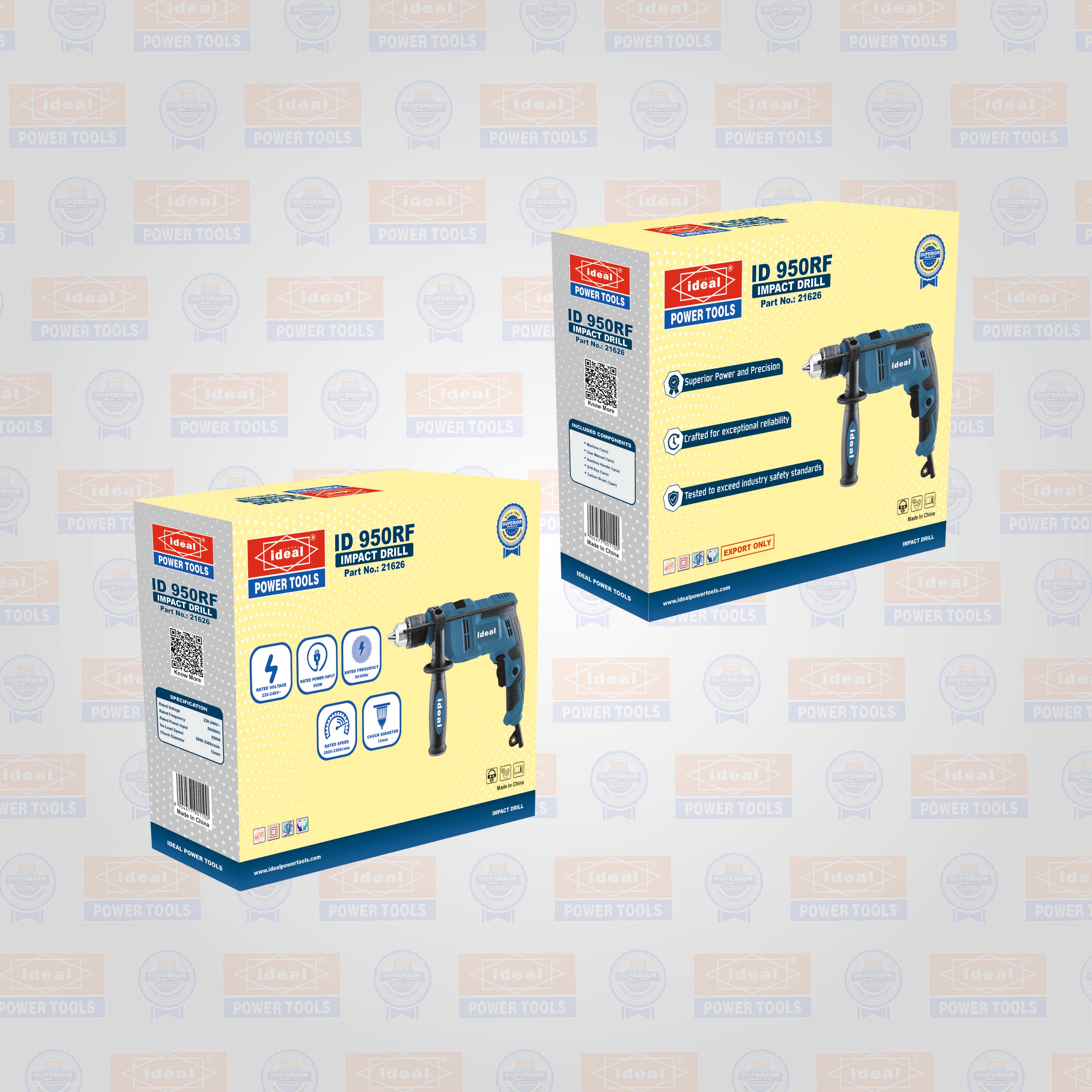 Two boxes of ID 950RF impact drill on a patterned background