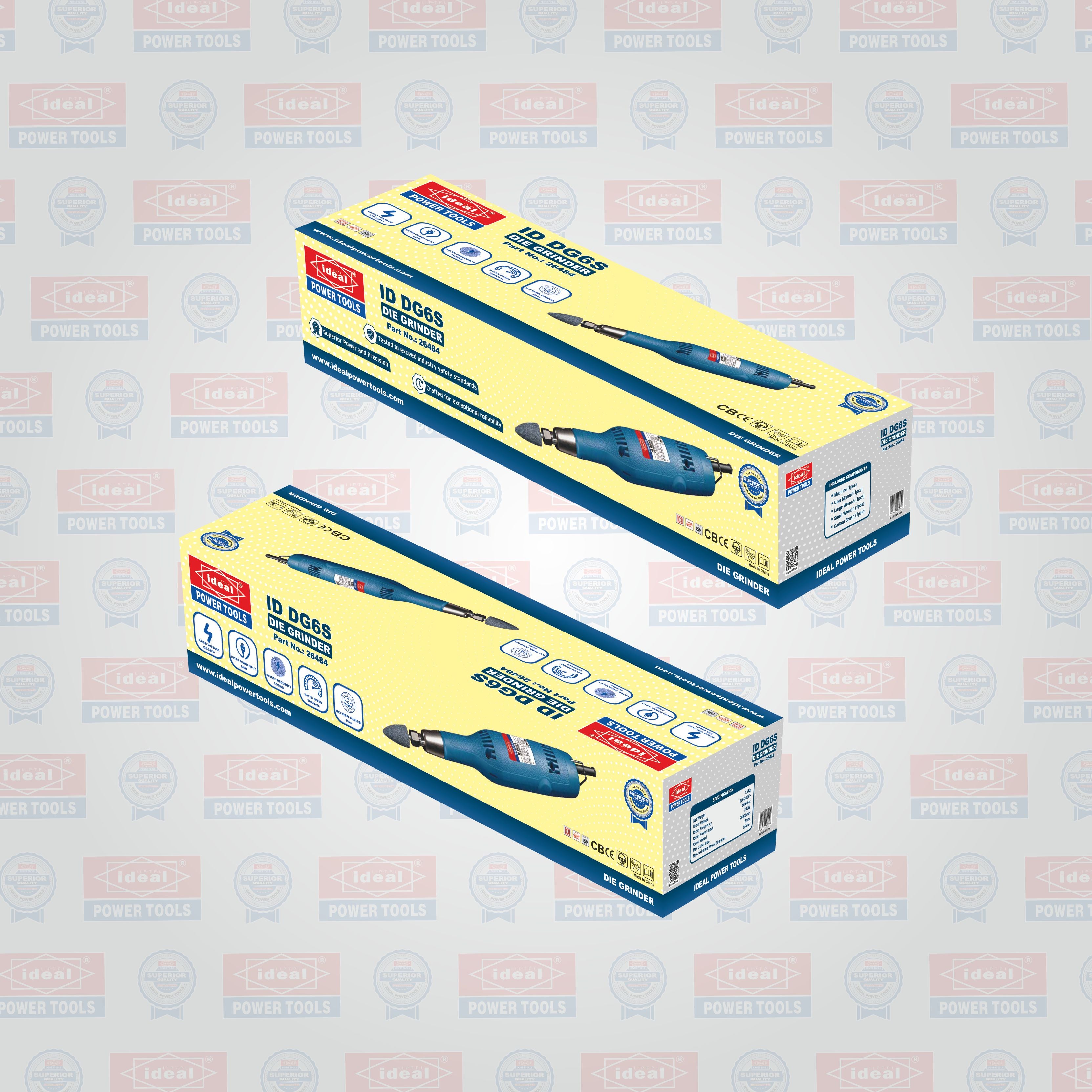 Two boxes of ideal Die Grinder Machine ID DG6S on a patterned background