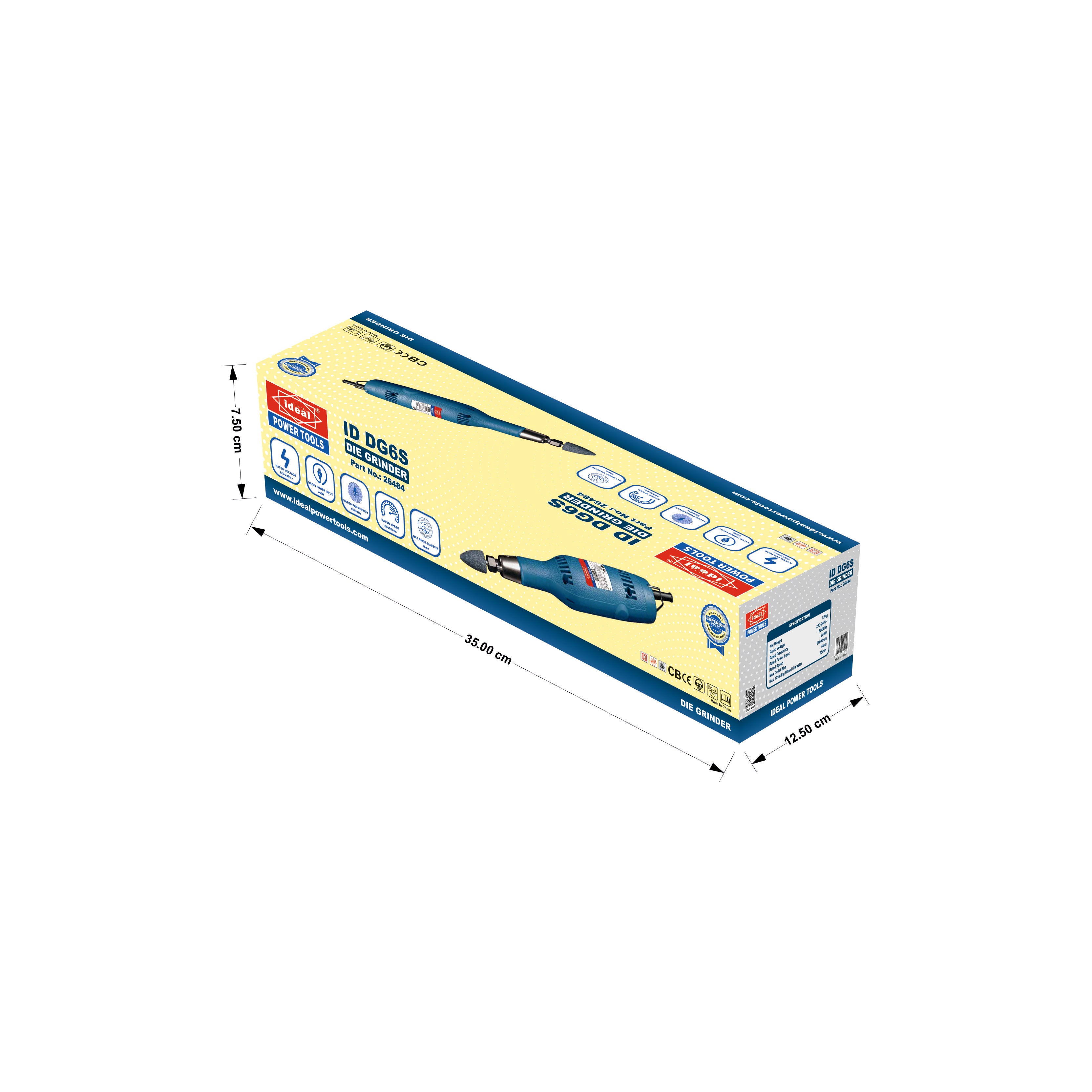 Box of Die Grinder Machine ID DG6S with dimensions marked on a white background