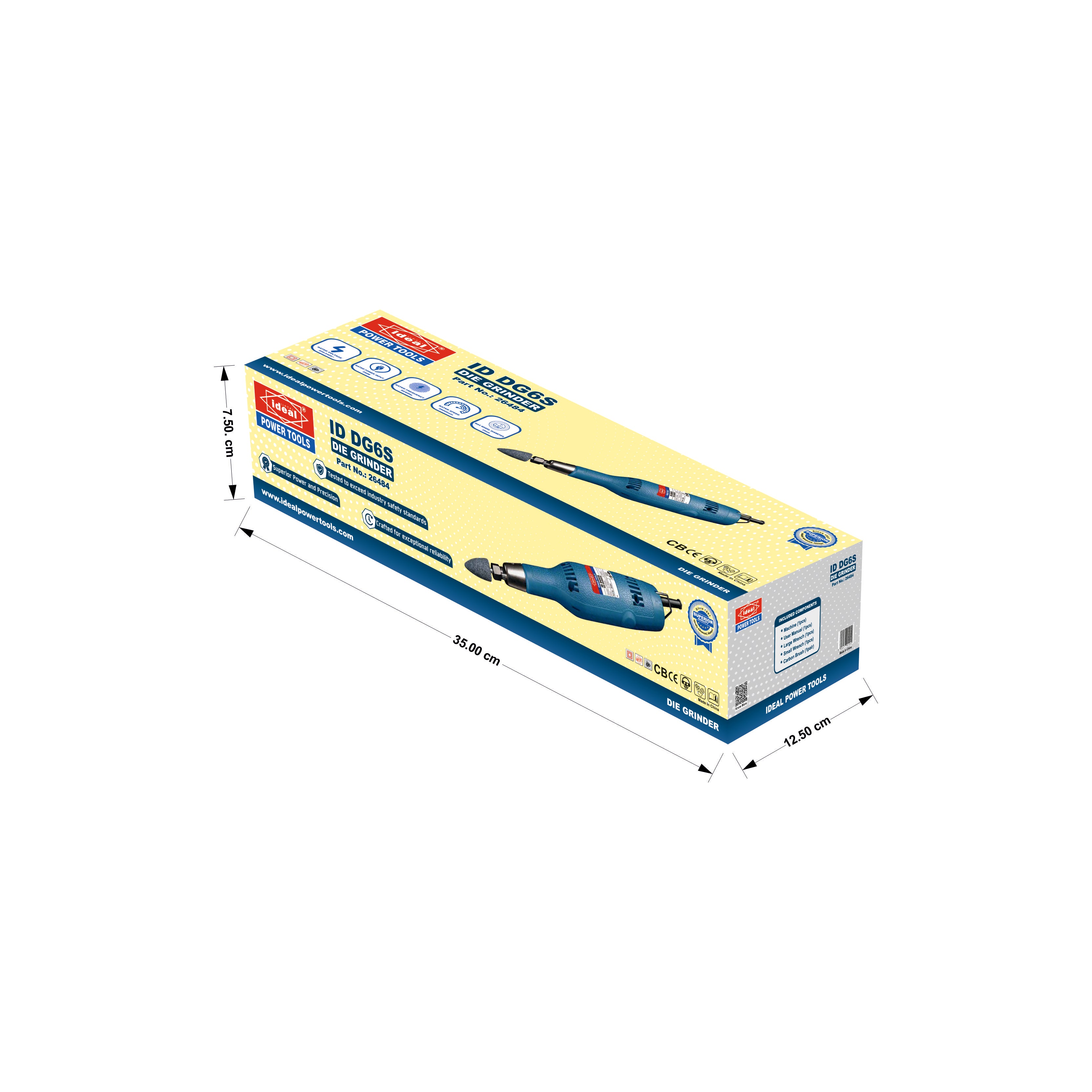 Box of Die Grinder Machine ID DG6S with dimensions indicated