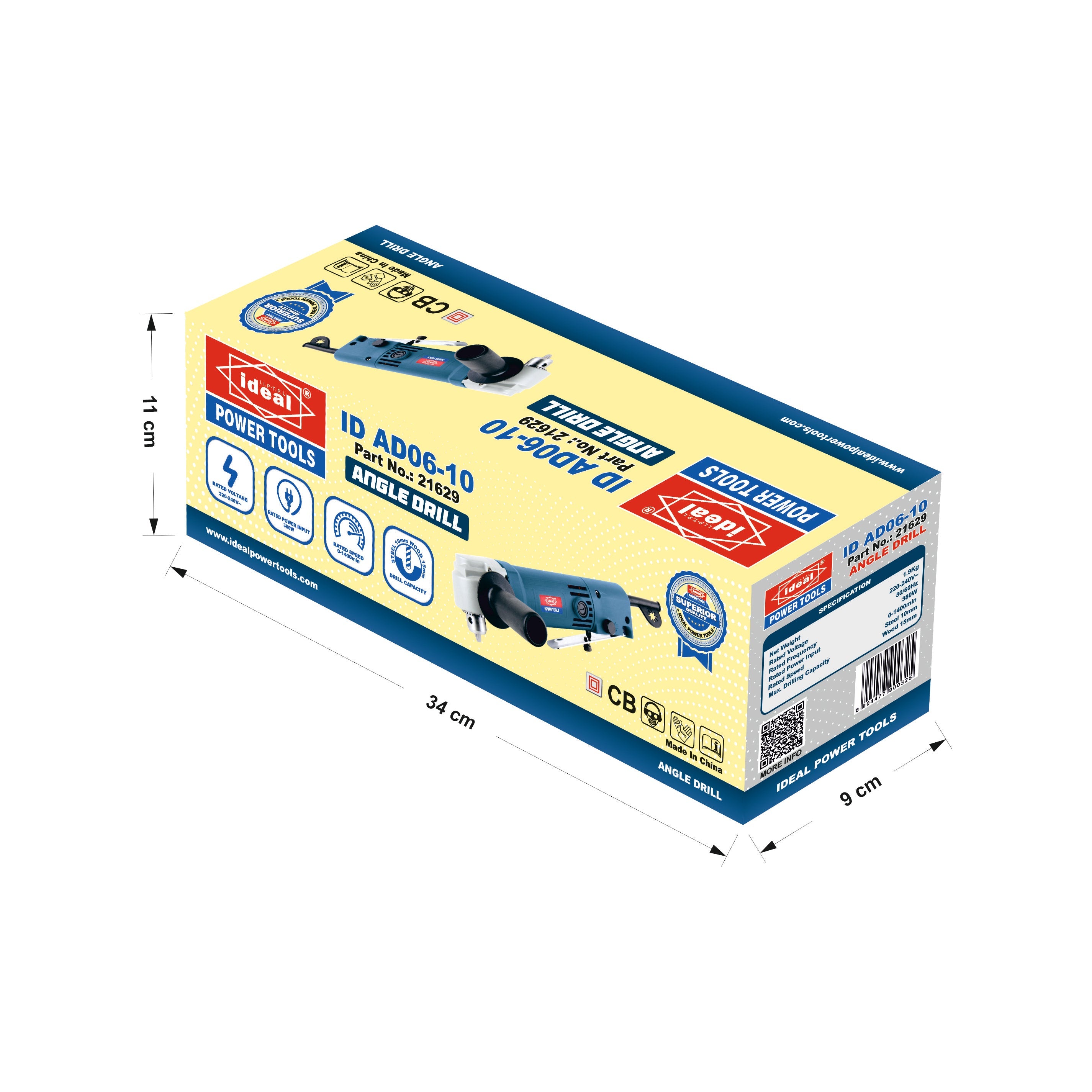 A box of angle dill ID AD06-10 with dimensions indicated