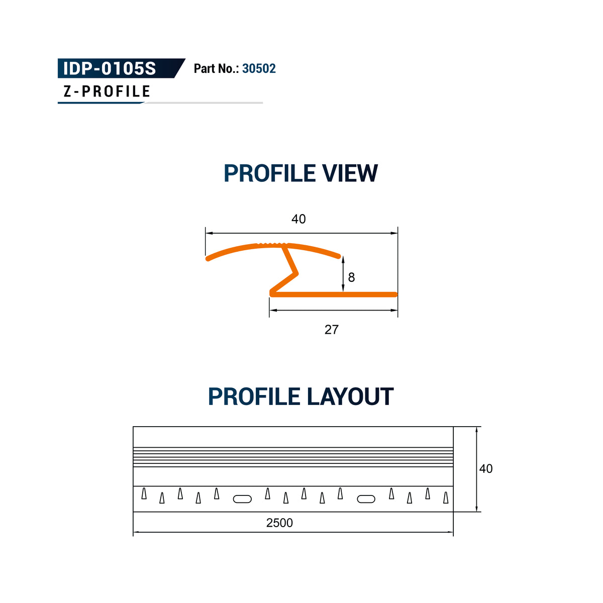 Technical profile view and layout diagram for a Z-profile section, showing an orange line drawing with dimensions 40, 8, and 27, plus a cross-sectional layout with a width of 2500 and height of 40.