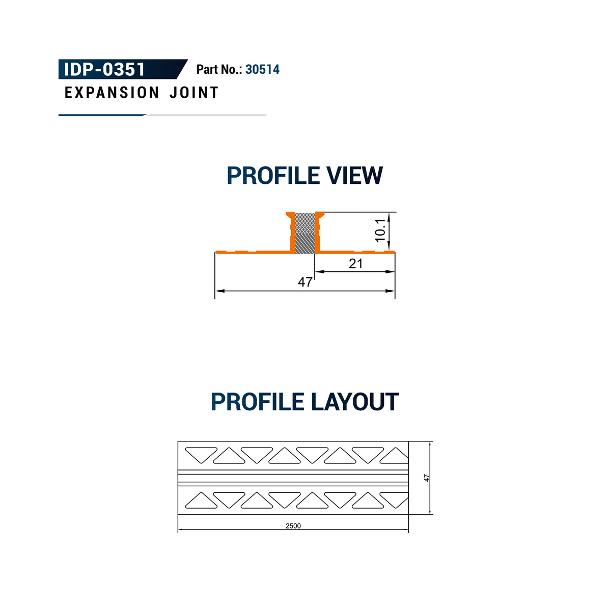 Technical drawing for an expansion joint, showing profile view and profile layout with dimensions and model number IDP-0351, Part No.: 30514.