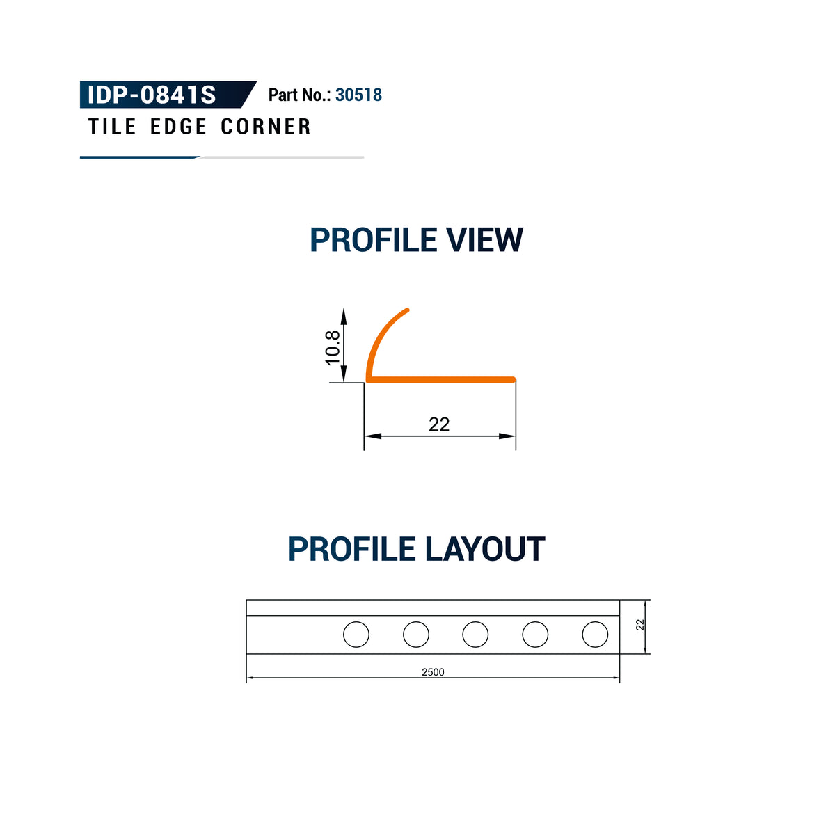 Technical drawing for a tile edge corner part, showing profile view with dimensions, plus profile layout with five circular cutouts and a total length of 200, labeled IDP-0841S.