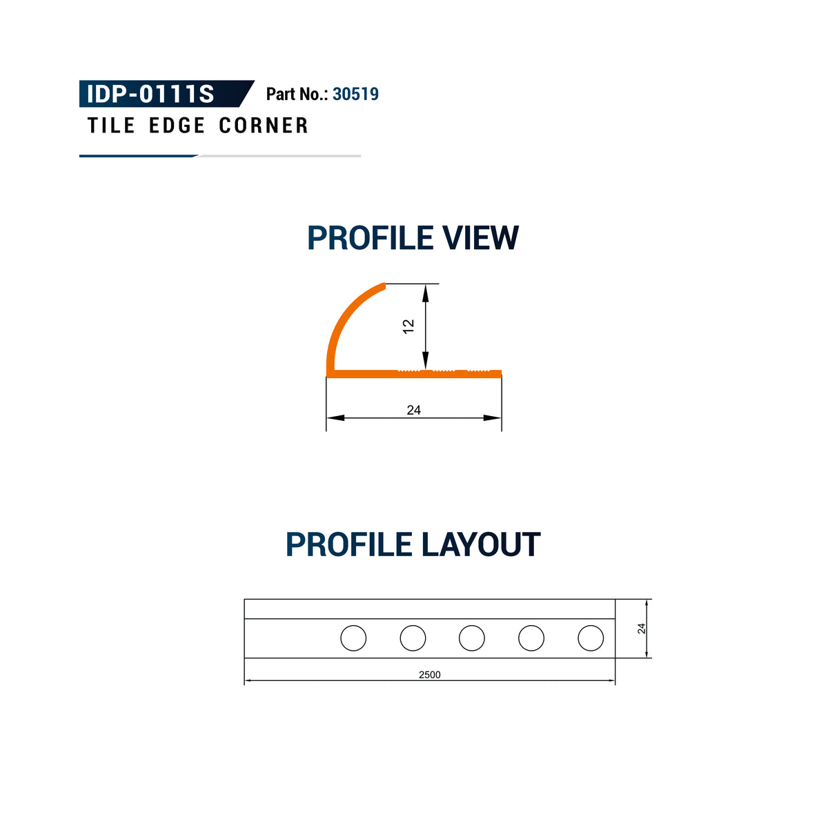 Technical specification sheet for a tile edge corner, showing profile view and profile layout dimensions. The orange profile piece is labeled with a 12 mm height and 24 mm base width.