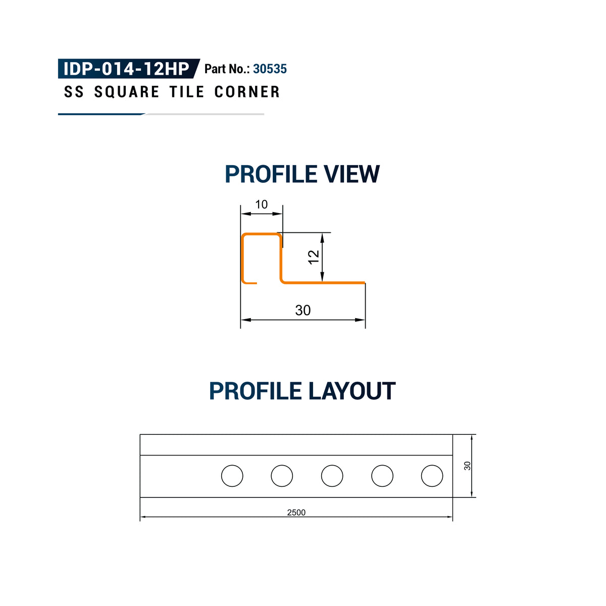 Technical specification sheet for an SS Square Tile Corner, showing profile view and profile layout dimensions with part number IDP-014-12HP.