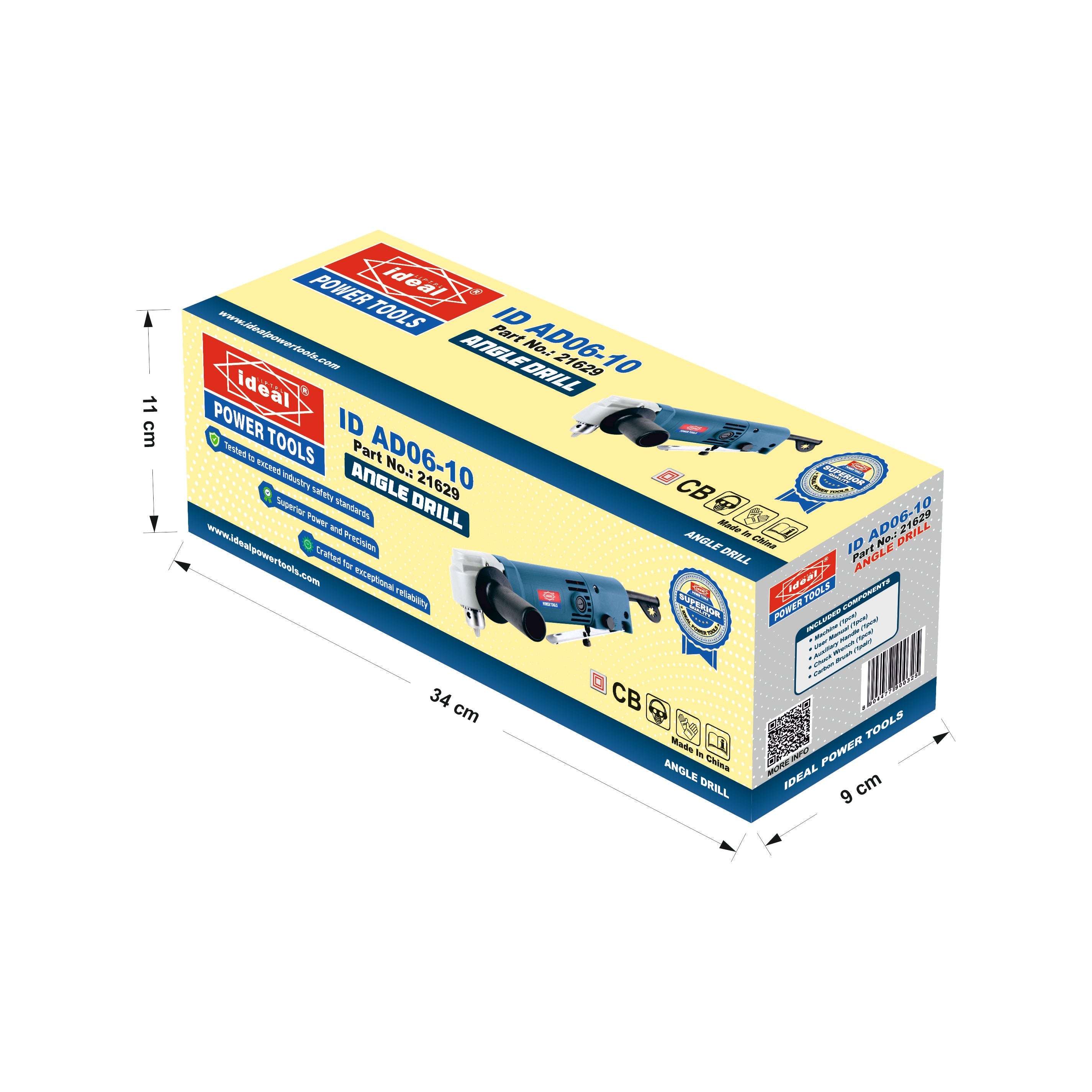 A box of ideal power tools angle dill machine ID AD06-10 with dimensions marked on a white background
