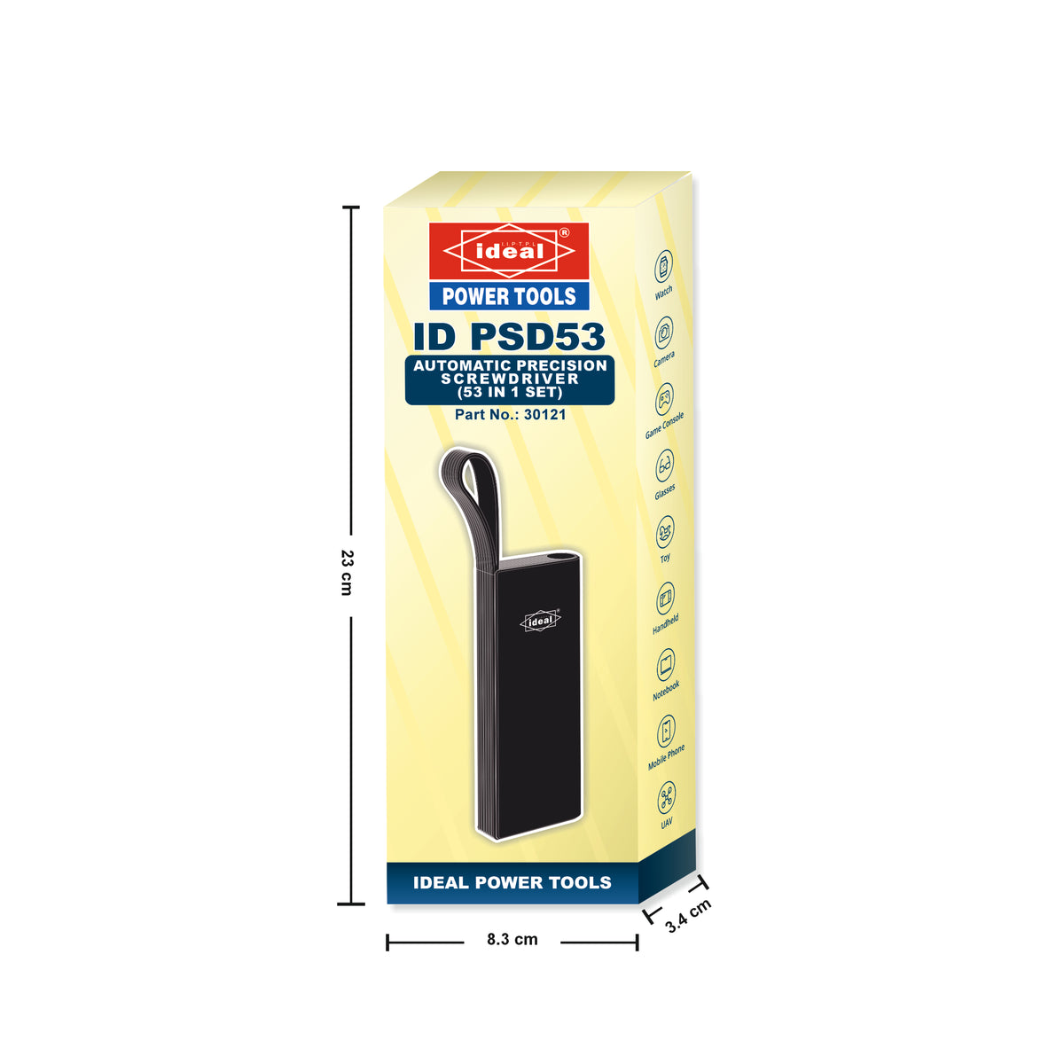 Yellow packaging of Ideal Power Tools ID PSD53 with dimensions on a white background