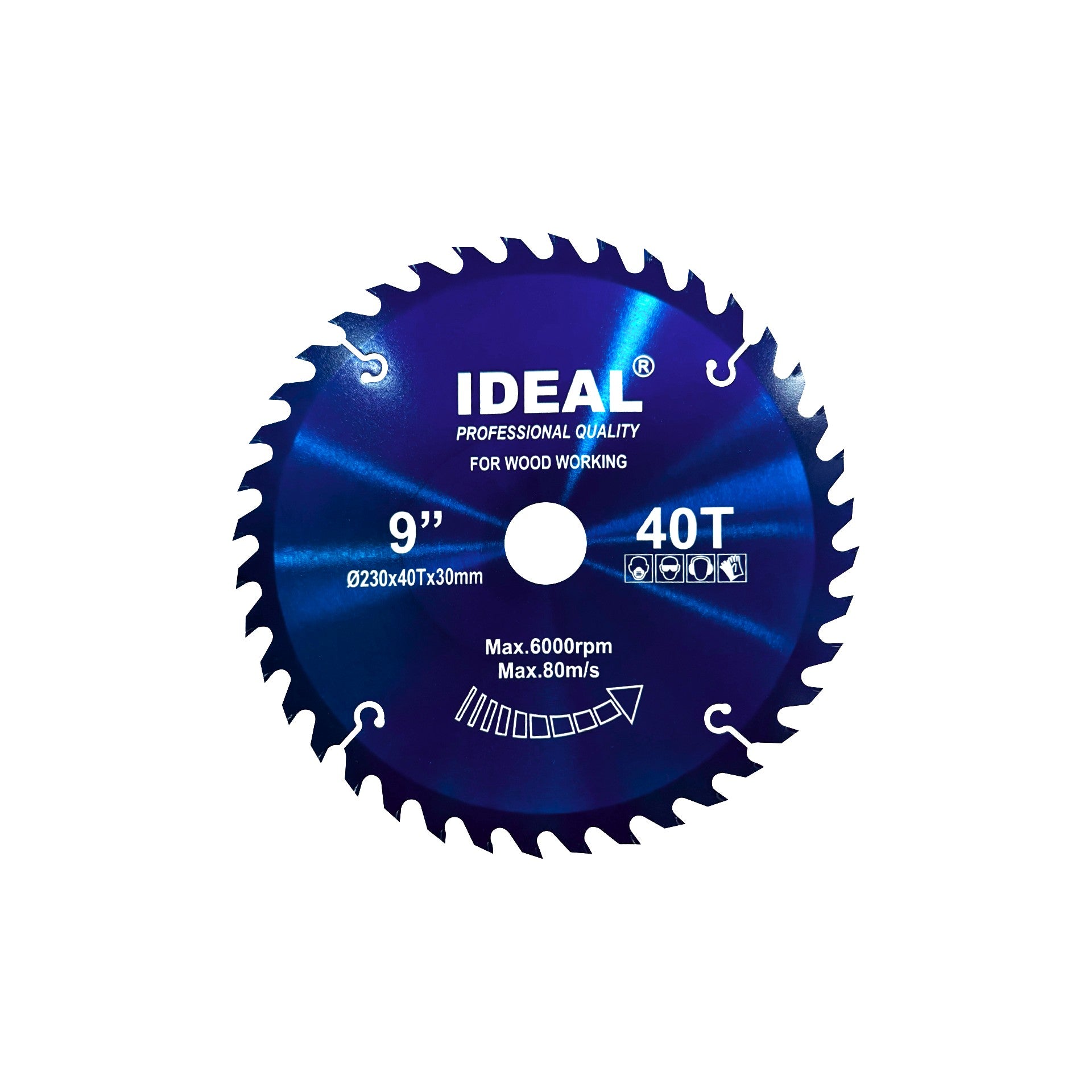 Blue circular saw blade 9 inch by 40 tooth with 'Ideal' branding on a white background