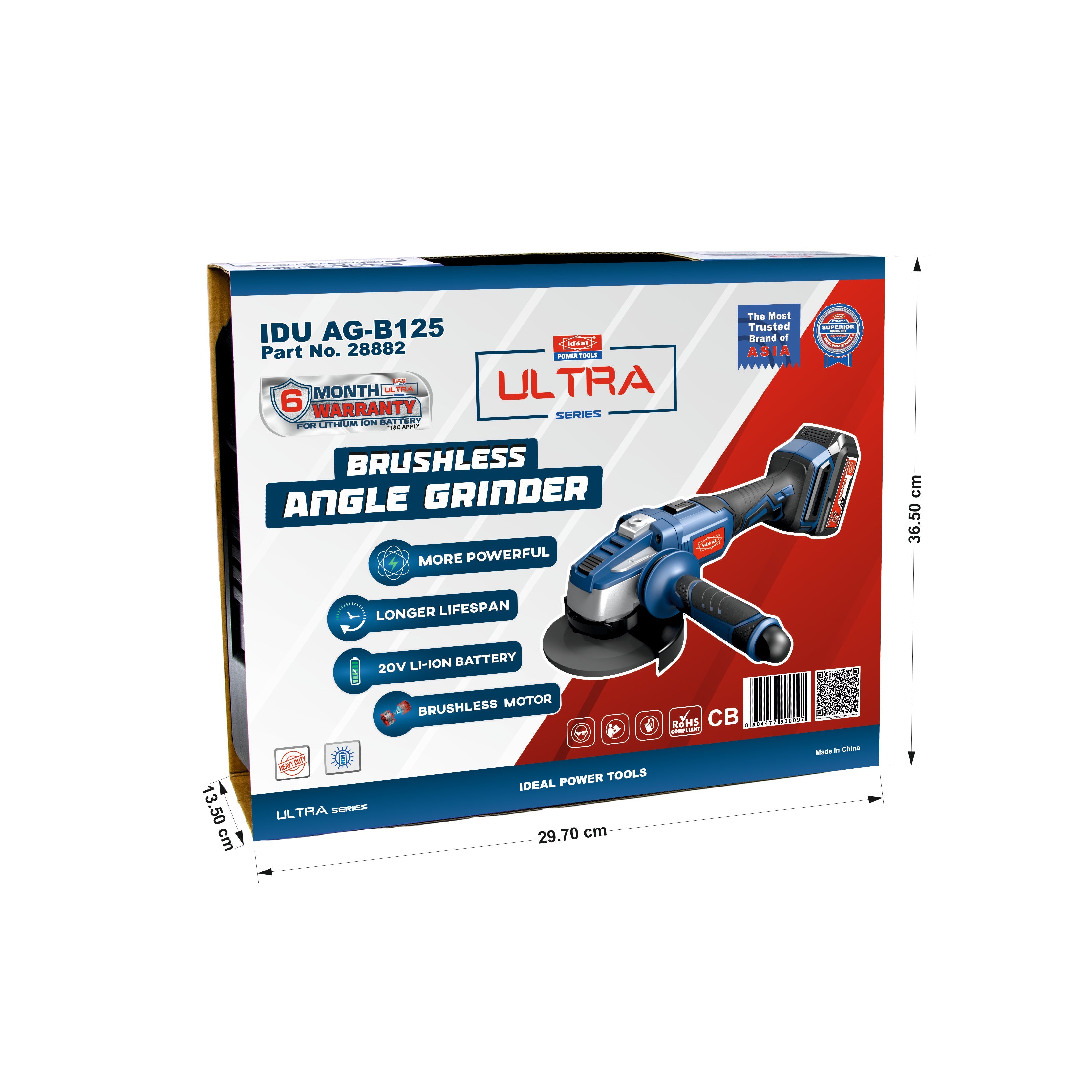 Box packaging of angle grinder machine with dimensions indicated