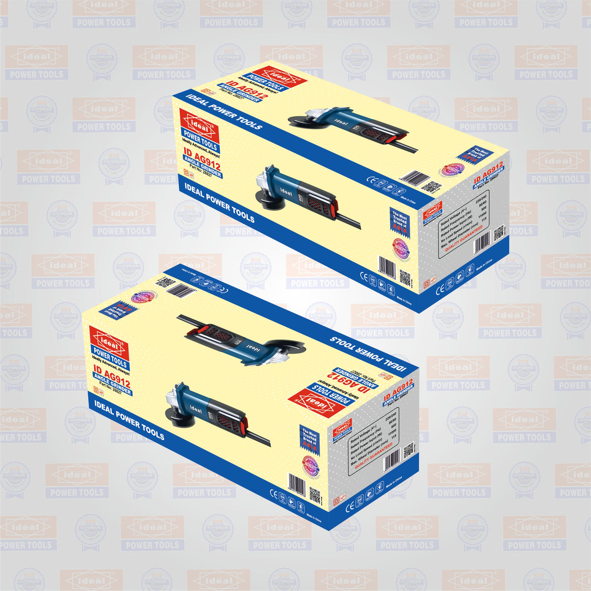 Two boxes of ID AG912 electric angle grinder with a branded background