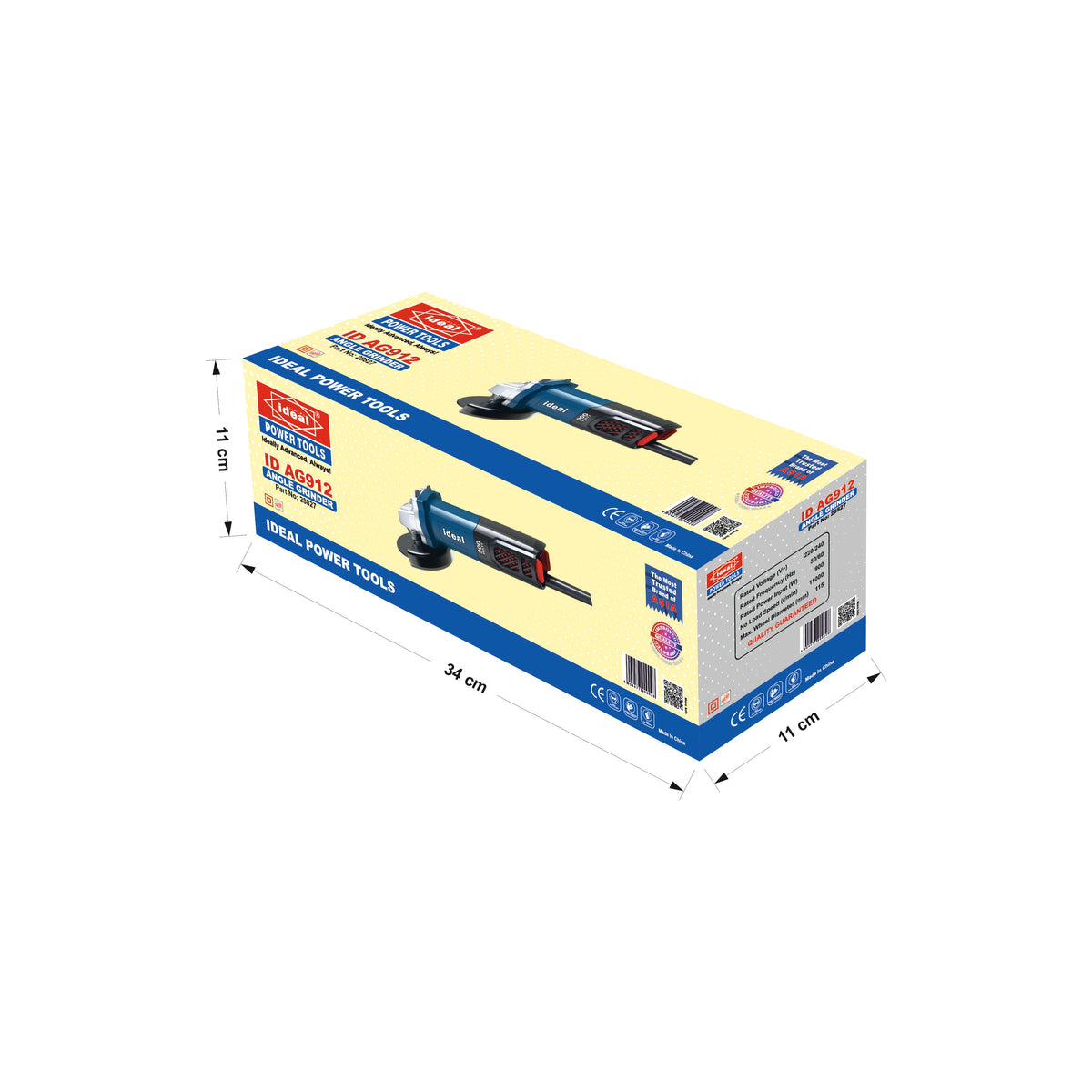 Box of an electric angle grinder (ID_AG912) with dimensions on white background