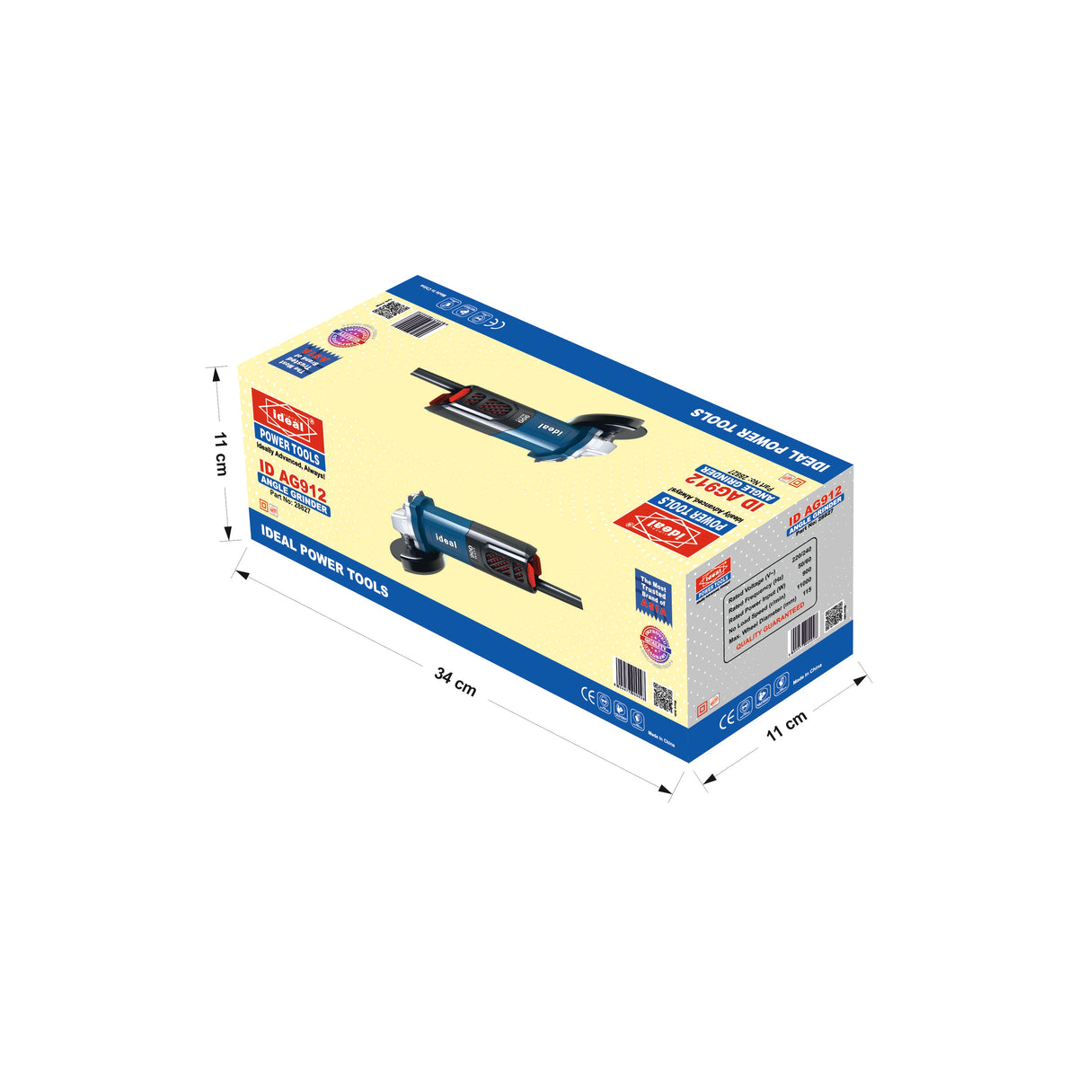 Box of ID AG912 electric angle grinder with dimensions indicated