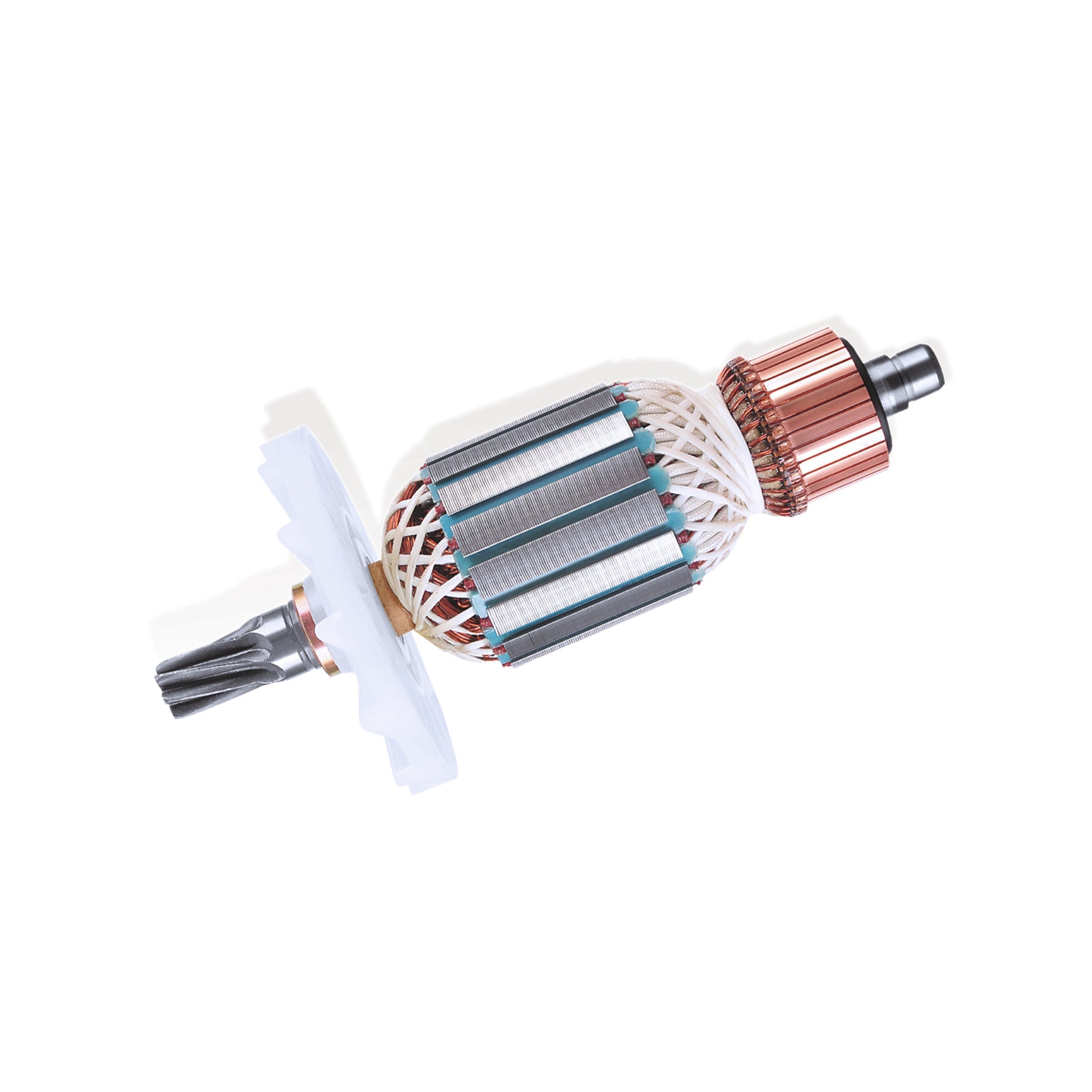Armature (Makita type angle grinder spare part) on a white background