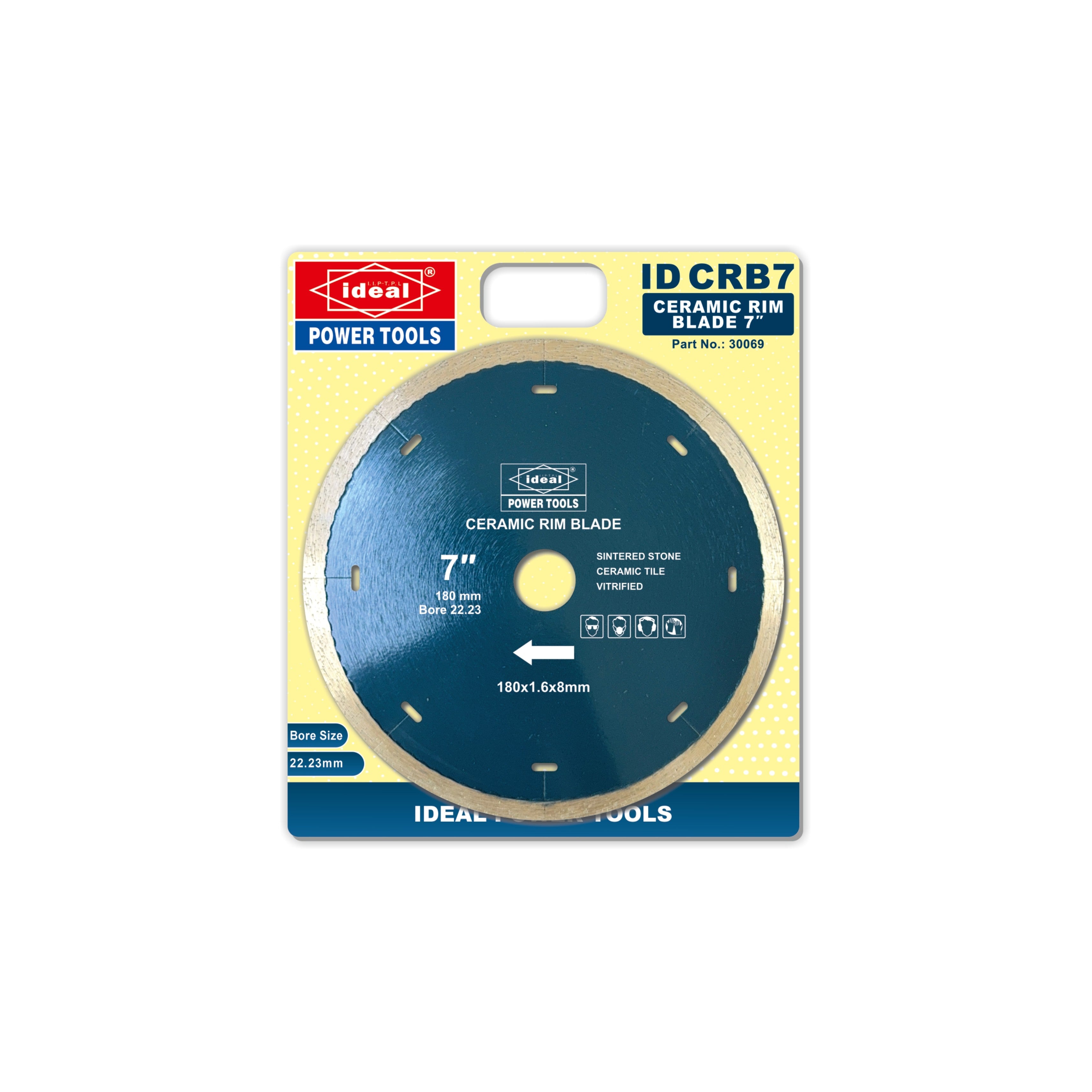Ideal Power Tools ceramic rim blade (7 inch) packaging on a white background