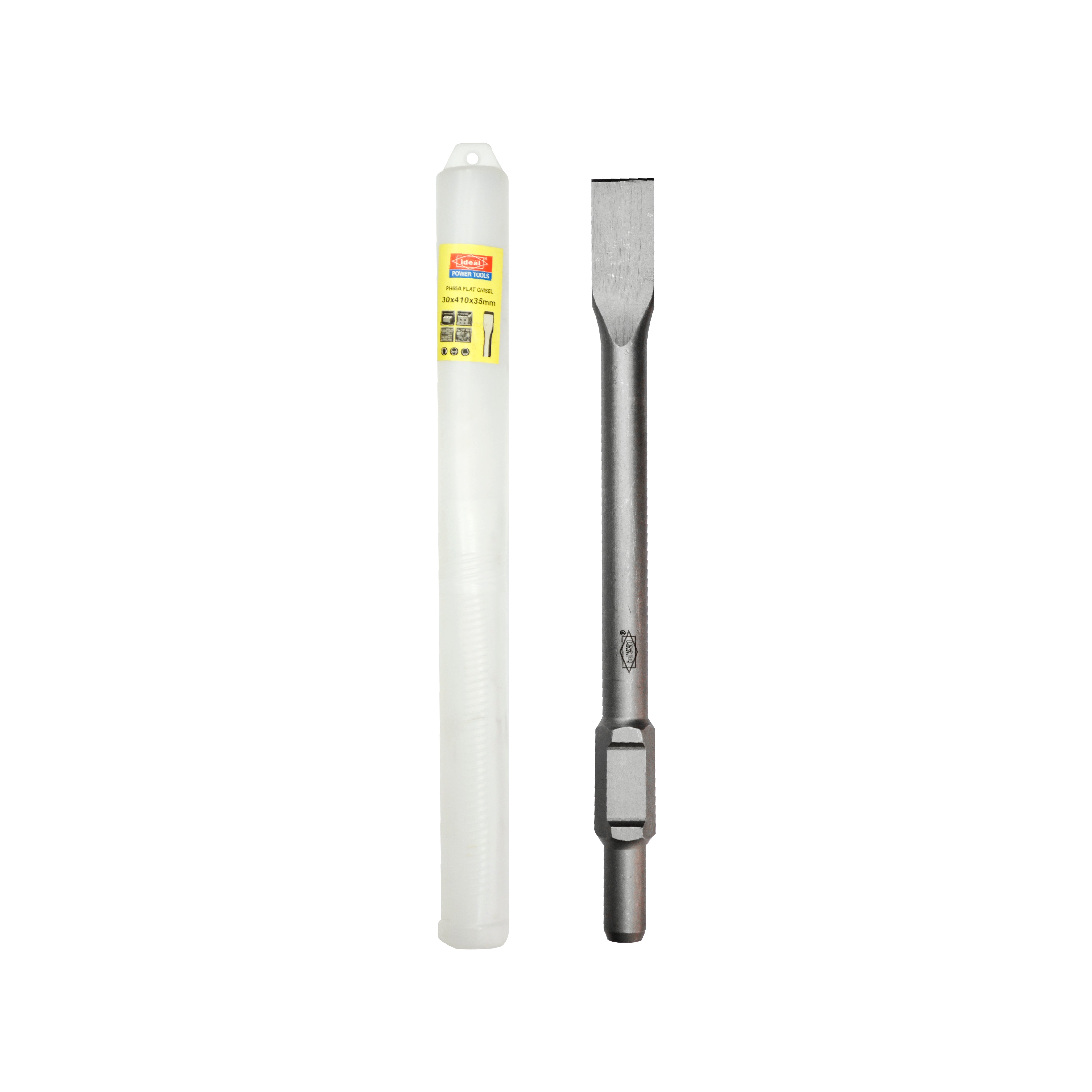 Flat demolition hammer chisel and white chisel holder on a white background