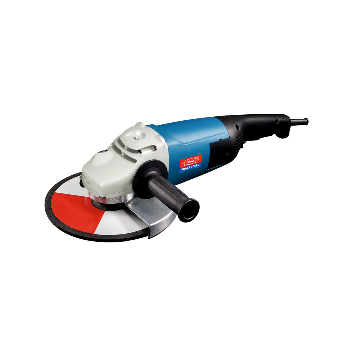 An angle grinder with a blue and black body, a white guard, and a red and silver abrasive disc, shown on a solid white background.