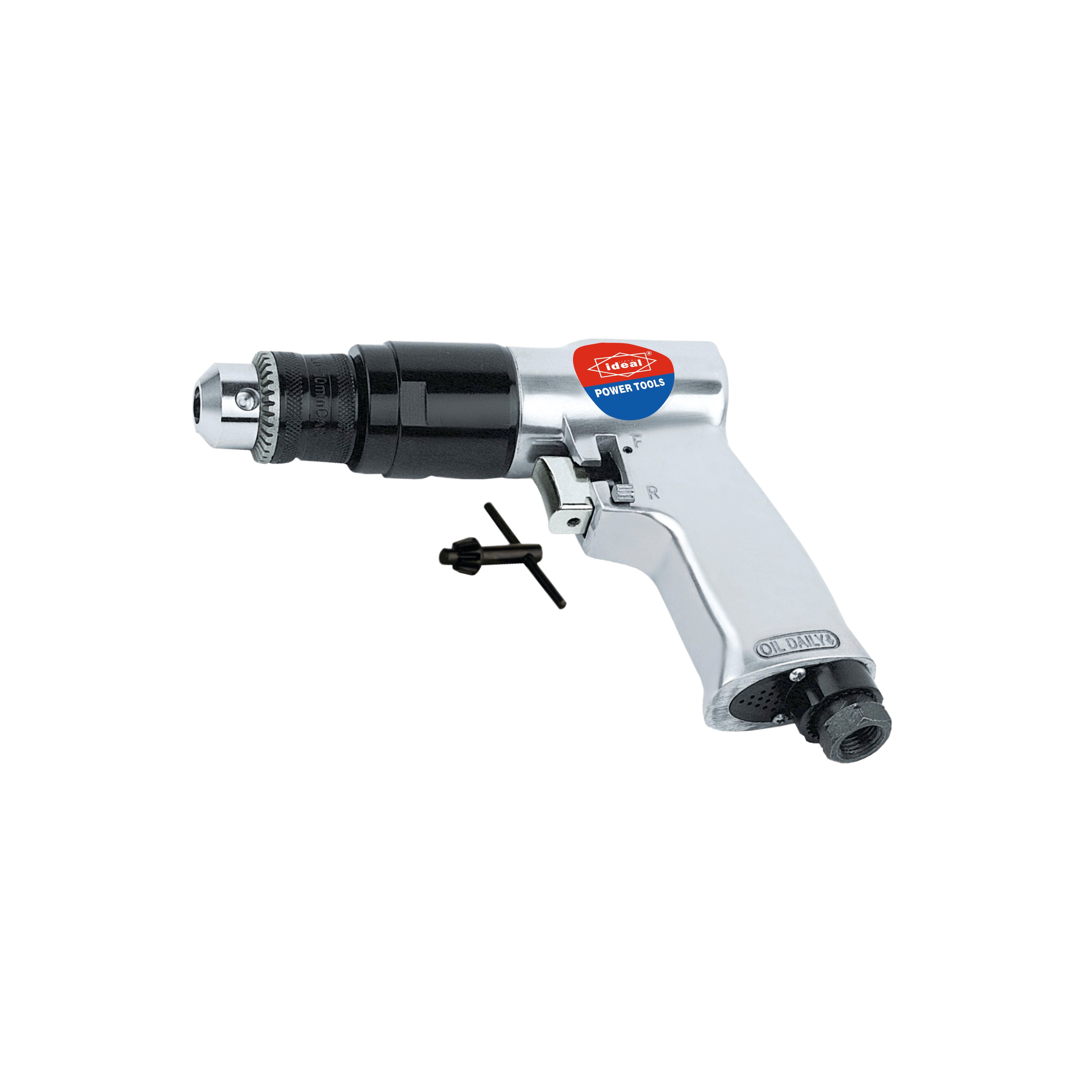 A pneumatic drill machine with a silver body, black grip, and a Chuck key attached to it.