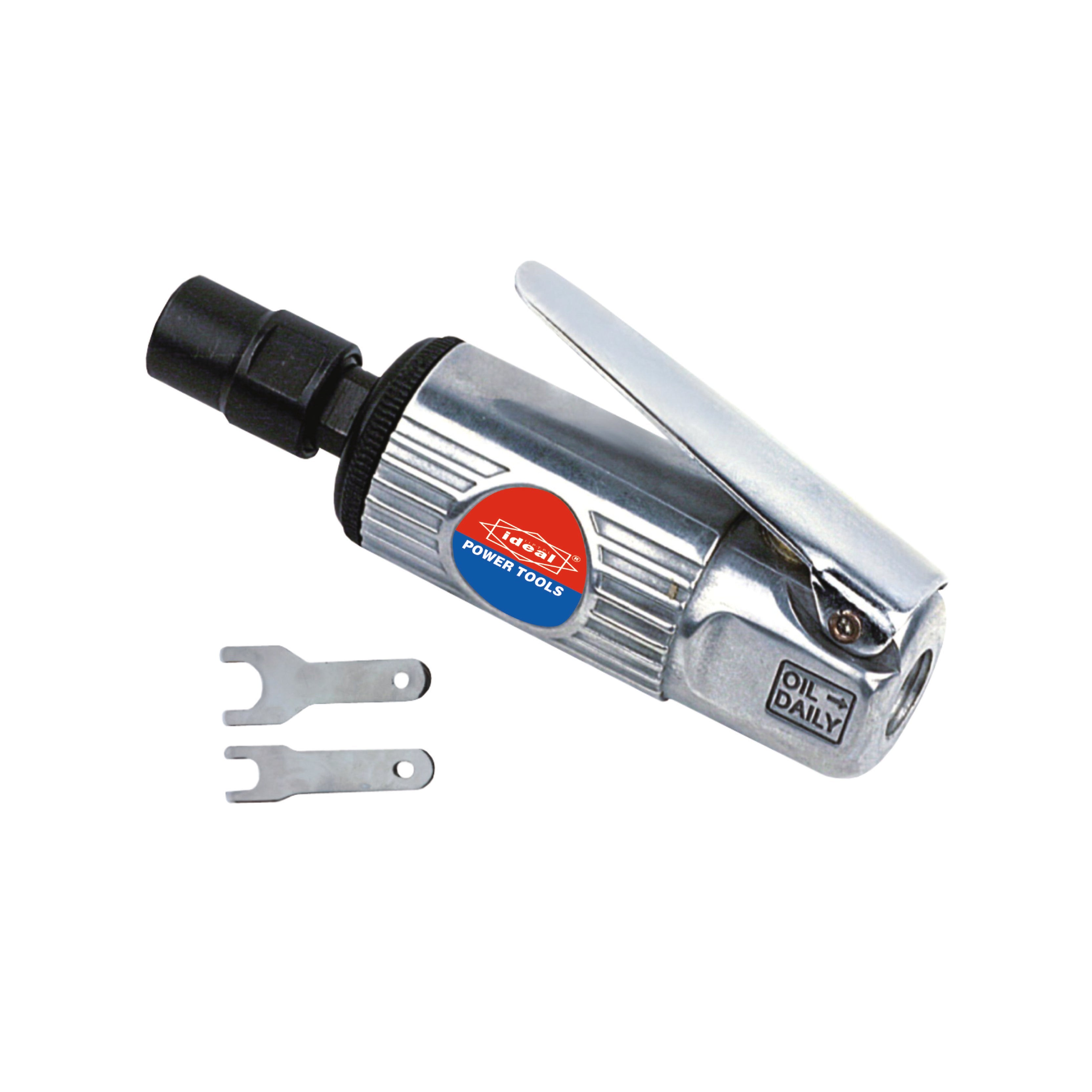 Pneumatic die grinder machine ID ADG66 with a silver body and black accents, including additional accessories like metal plates.