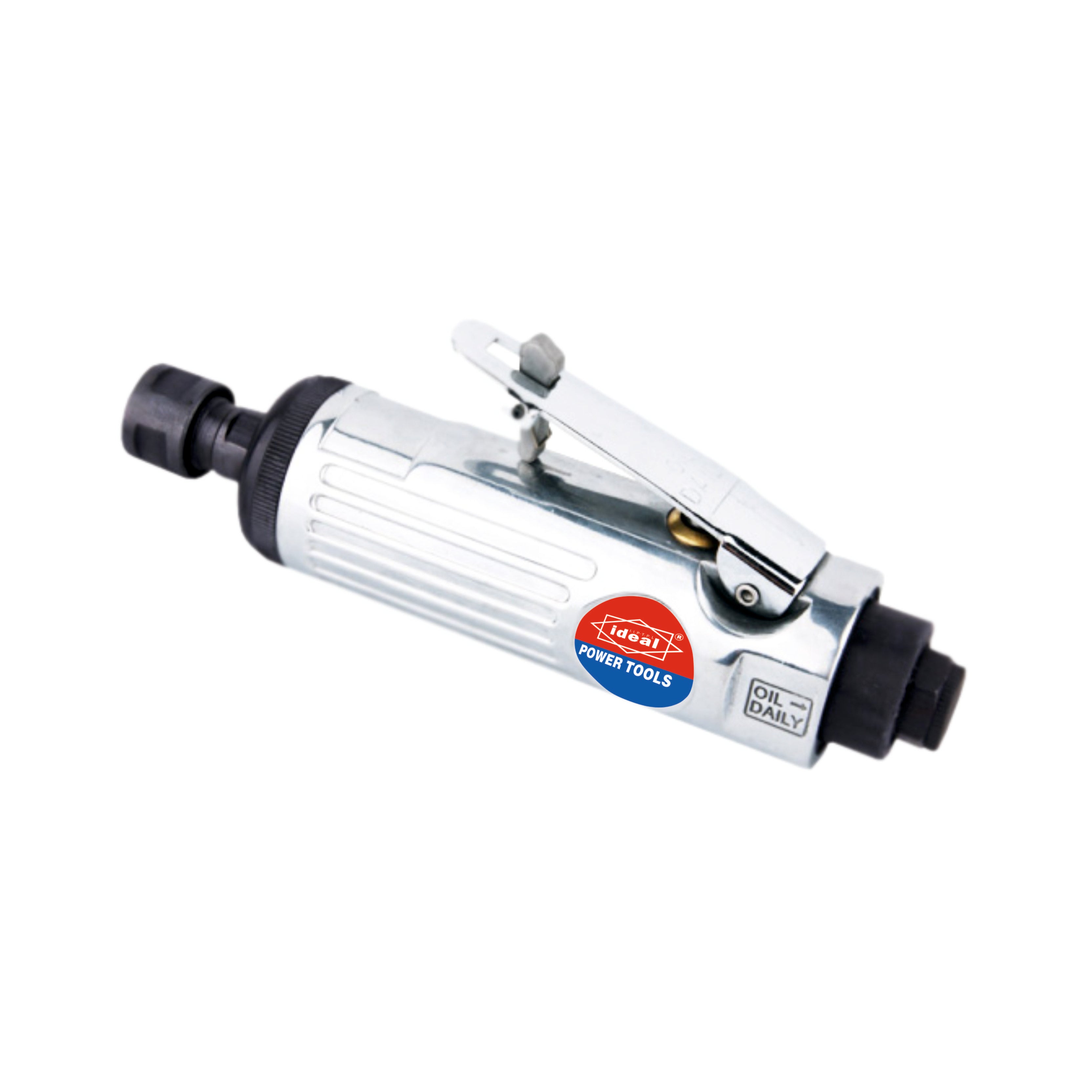 A pneumatic die grinder machine with silver body, black accents, and a visible brand label.