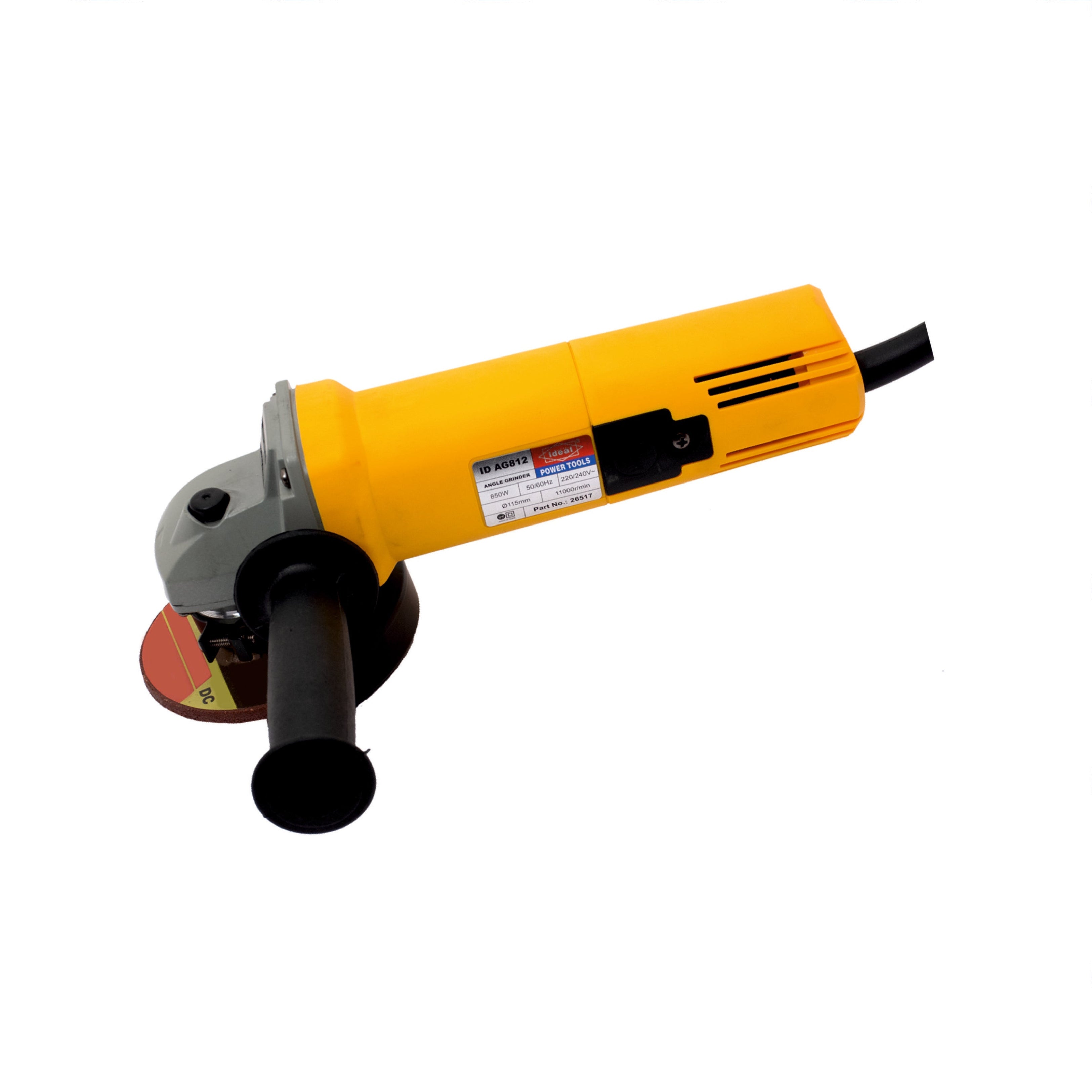 Yellow colored angle grinder ID AG812 on a white background