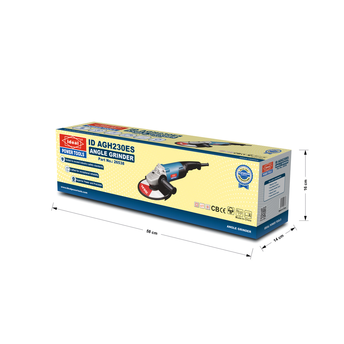 A long rectangular product box for an angle grinder, shown on a plain white background with dimension lines indicating 26 cm length, 14 cm width, and 18 cm height. The packaging is cream/yellow with blue panels and a photo of a blue-and-red angle grinder on the front.