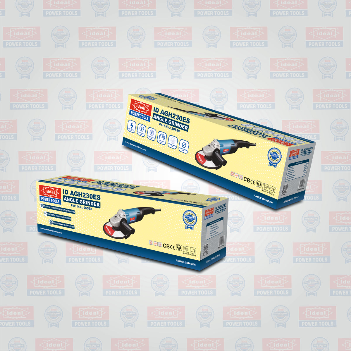 Two retail boxes of 10 AGH230ES angle grinder shown on a light gray patterned background.