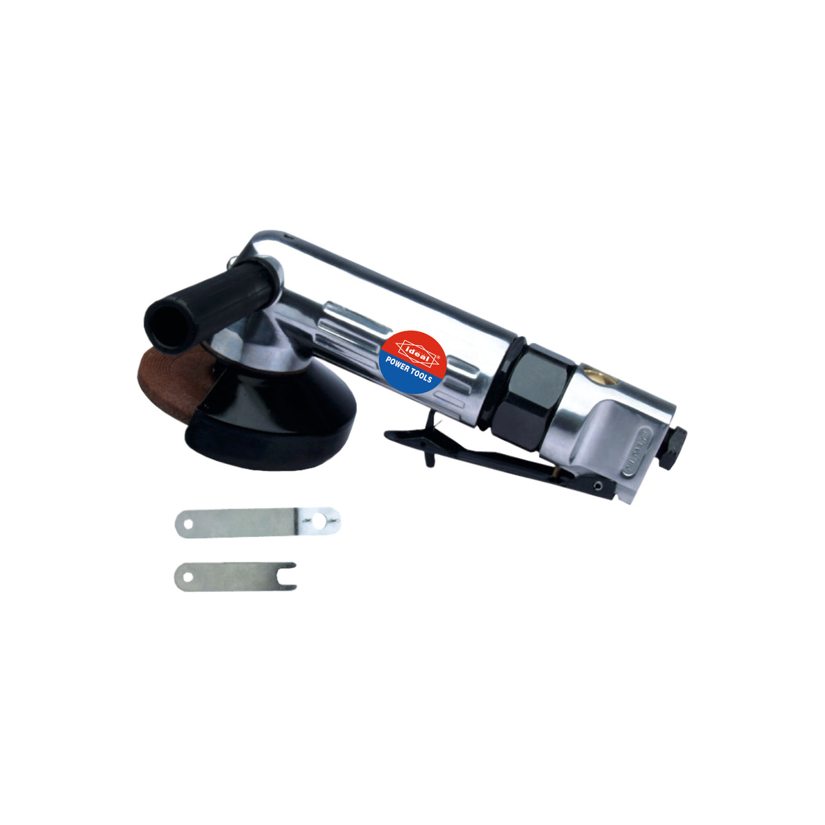 Pneumatic angle grinder machine with a silver body and black accents
